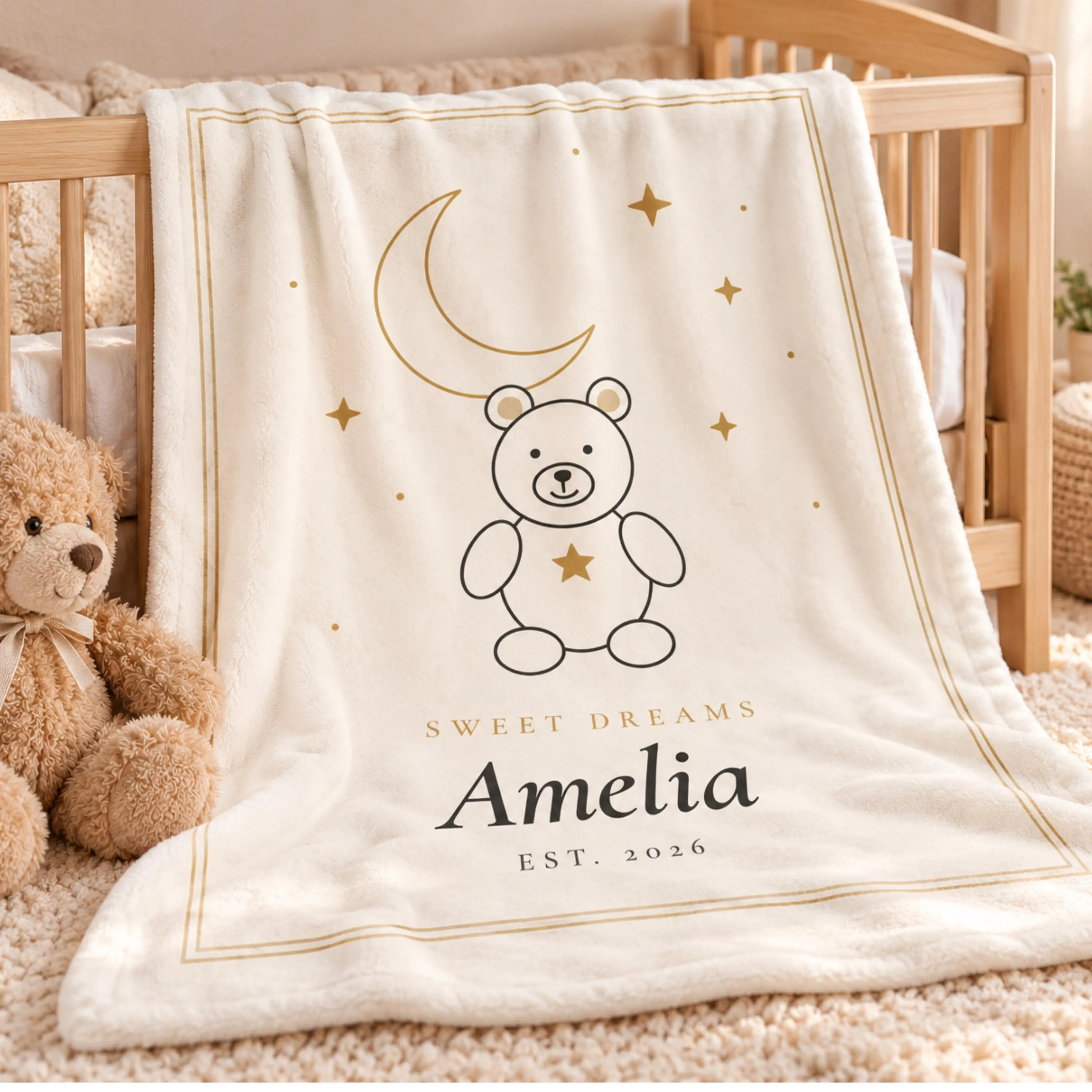 Personalized Baby Fleece Blanket, Teddy Bear Moon Stars, Sweet Dreams (Made to Order)