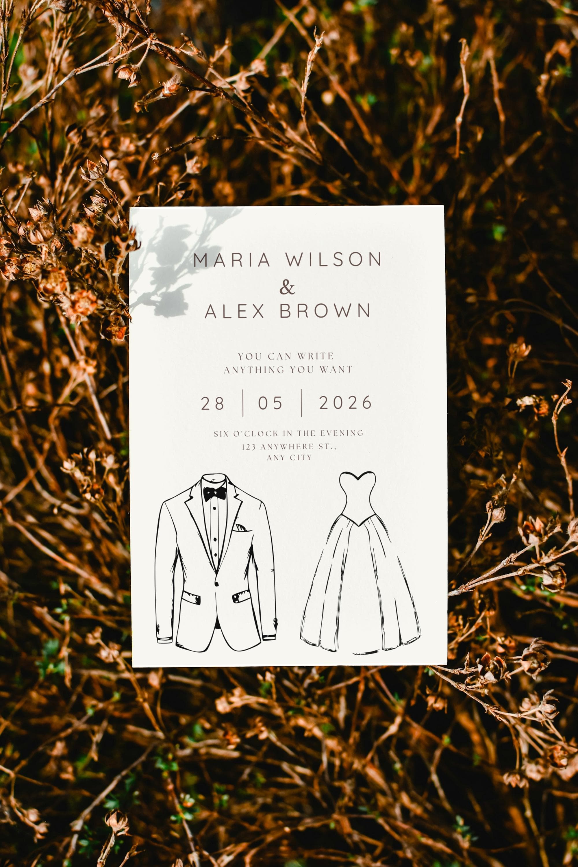 Minimal Wedding Invitation Template | Bride and Groom Outfit Illustration | Printable Wedding Invite | Canva Editable - image 4