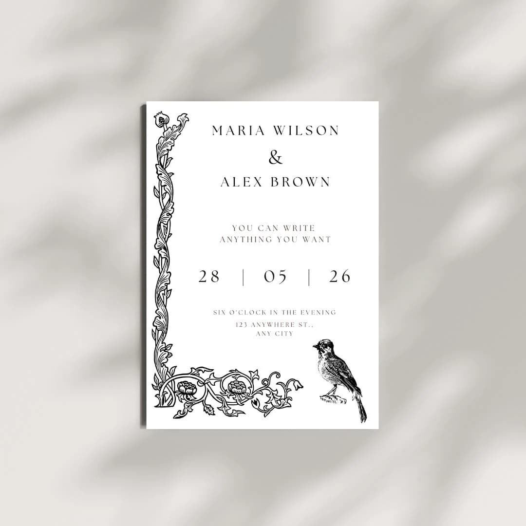 Floral & Bird Illustration Wedding Invite | Printable Digital Product | Minimal Vintage Wedding Invitation | Canva Editable - image 3
