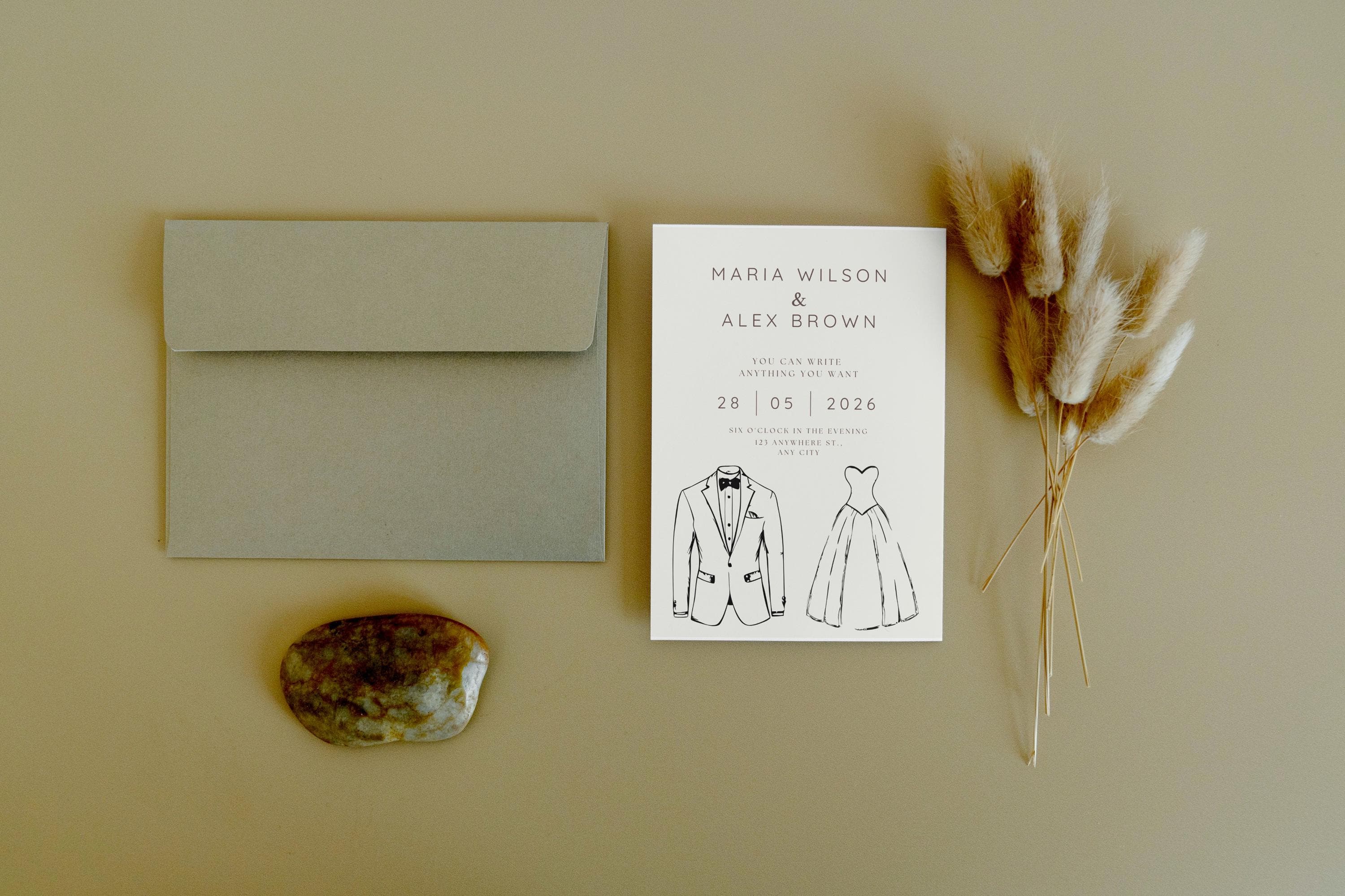 Minimal Wedding Invitation Template | Bride and Groom Outfit Illustration | Printable Wedding Invite | Canva Editable