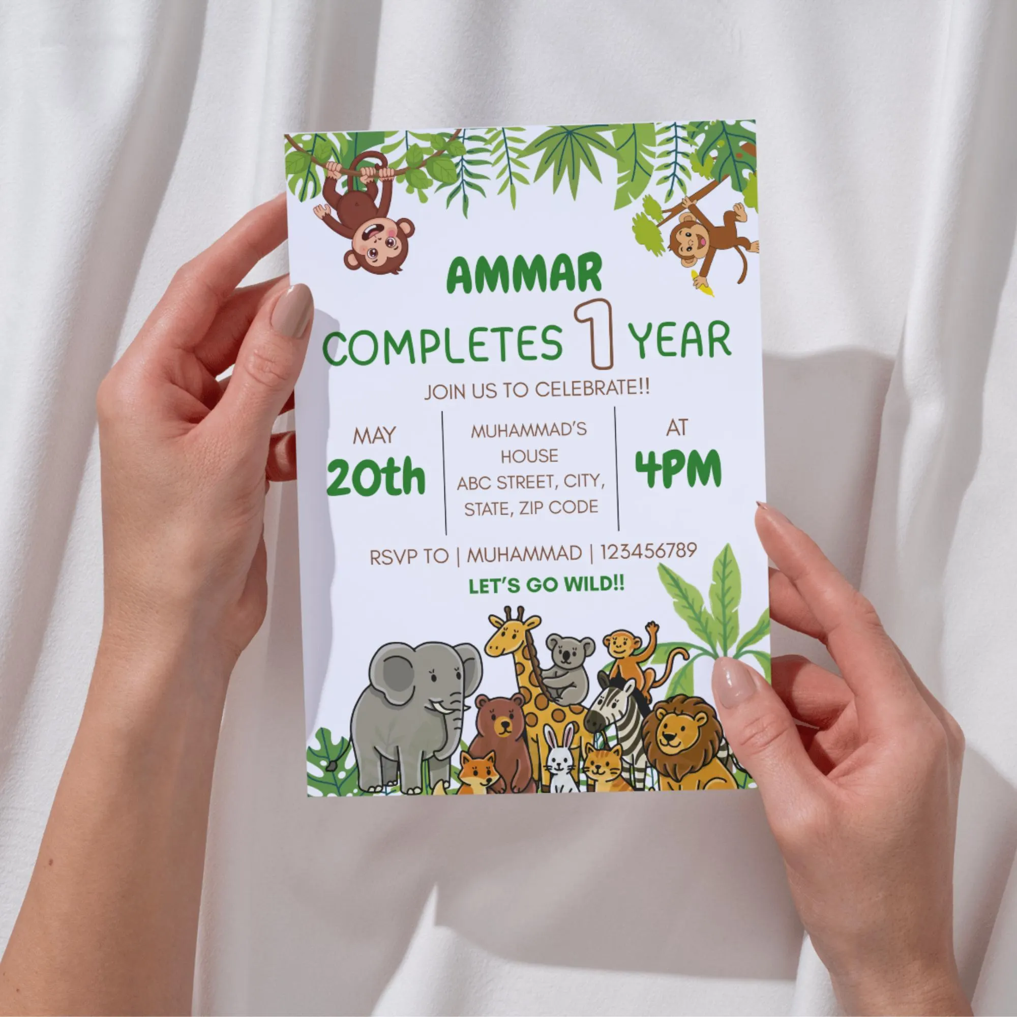 Animal Theme Kids Birthday Invitation Jungle Safari First Birthday Party Invite Wild One Zoo Animals Birthday Celebration Editable Template - image 3