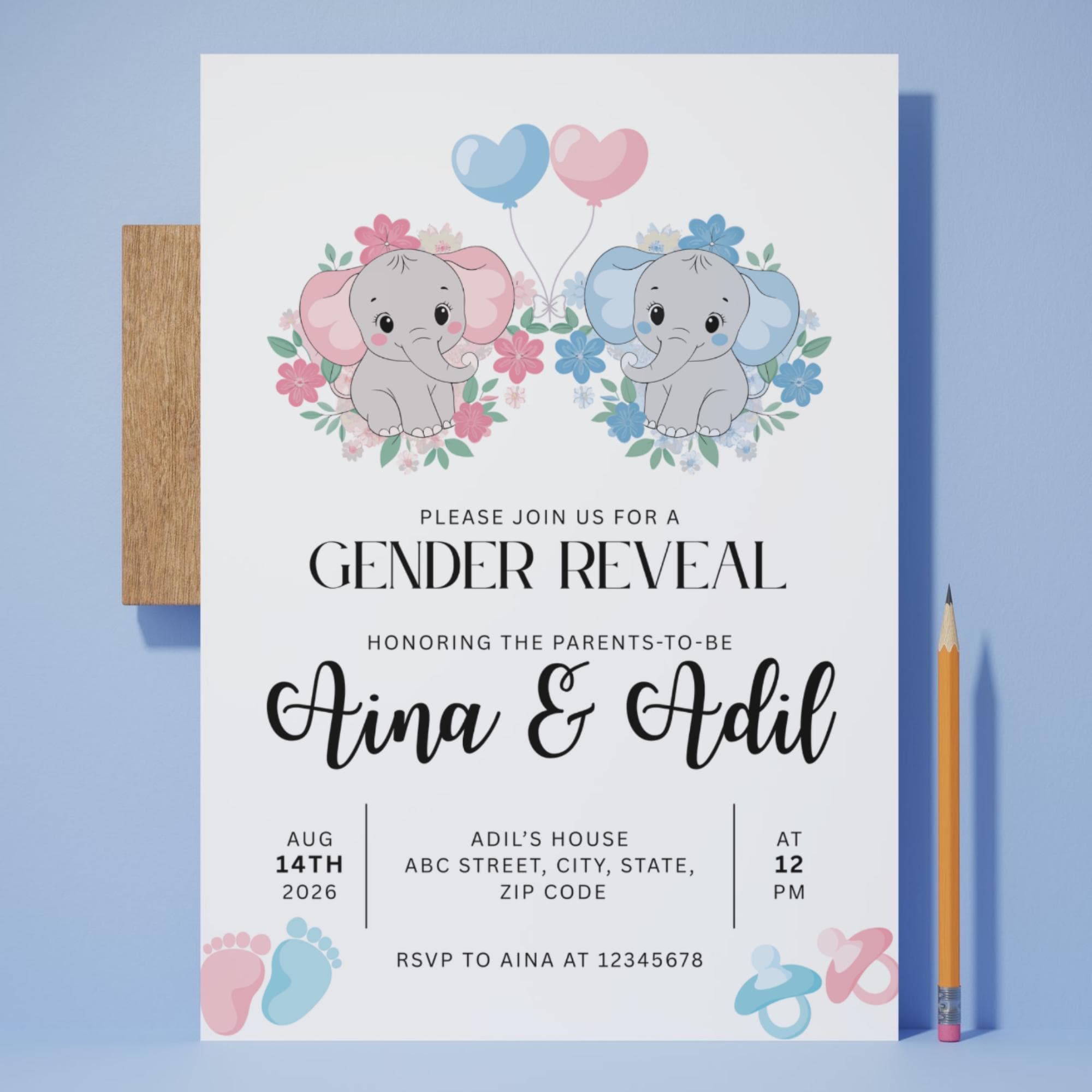 Editable Gender Reveal Invitation Elephant Baby Shower Neutral Cute Floral Template Boy Girl - image 5