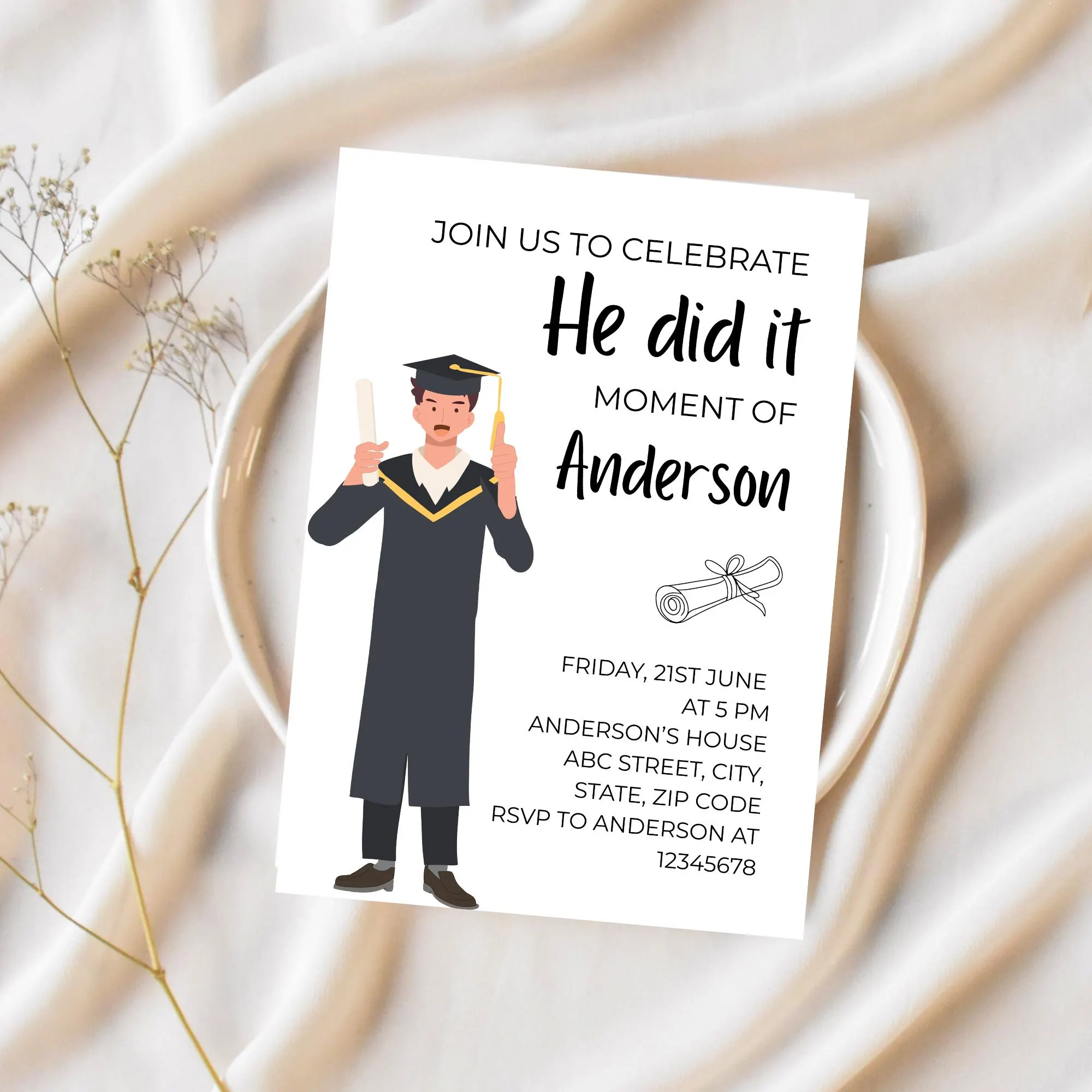 He Did It Moment Graduation Invitation Editable Graduate Party Invite Celebration Announcement College Senior Men Template Canva - image 5