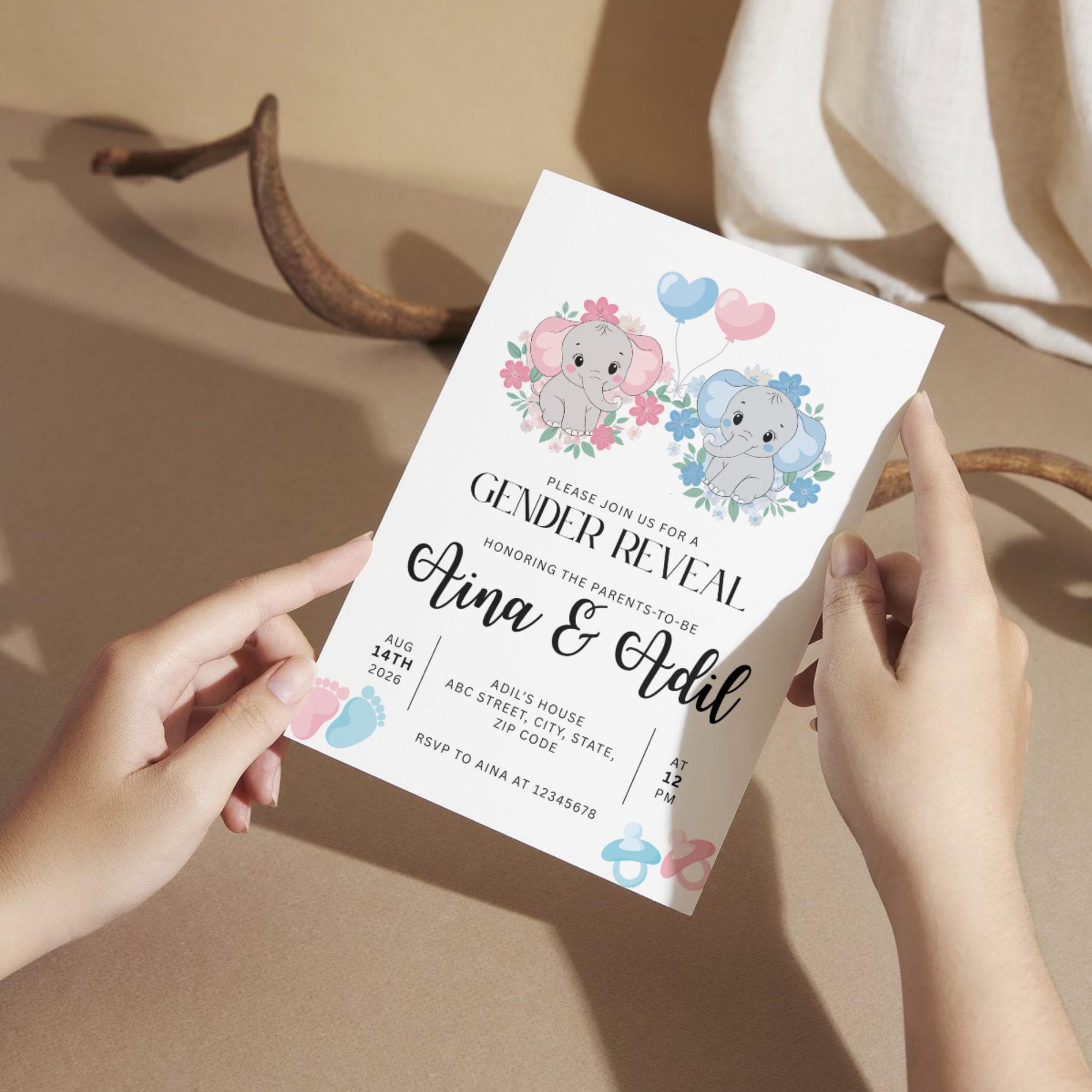 Editable Gender Reveal Invitation Elephant Baby Shower Neutral Cute Floral Template Boy Girl - image 4
