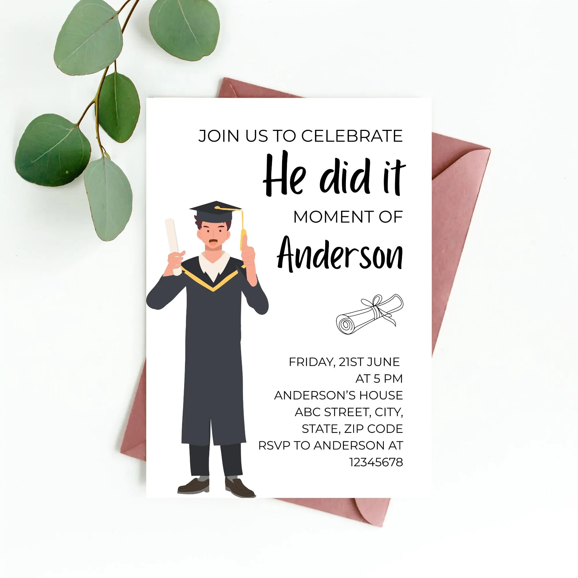 He Did It Moment Graduation Invitation Editable Graduate Party Invite Celebration Announcement College Senior Men Template Canva - image 3
