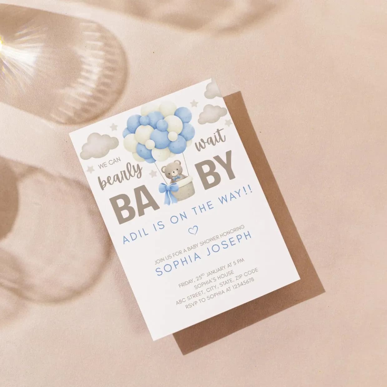 Teddy Bear Baby Shower Invitation, Blue Balloon Theme (Canva Template) - image 3