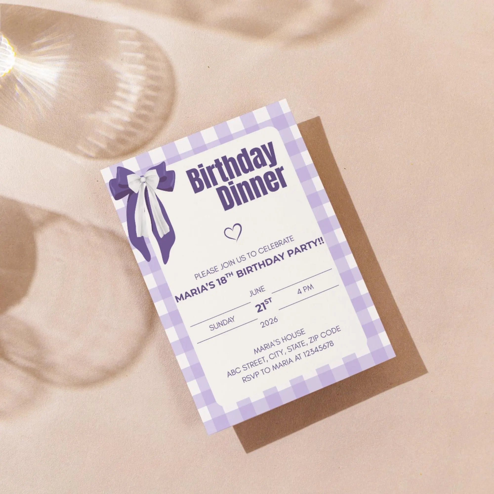 18th Birthday Invitation Card For Girls Purple Theme Birthday Dinner Invite Elegant Lavender Birthday Party Celebration Template