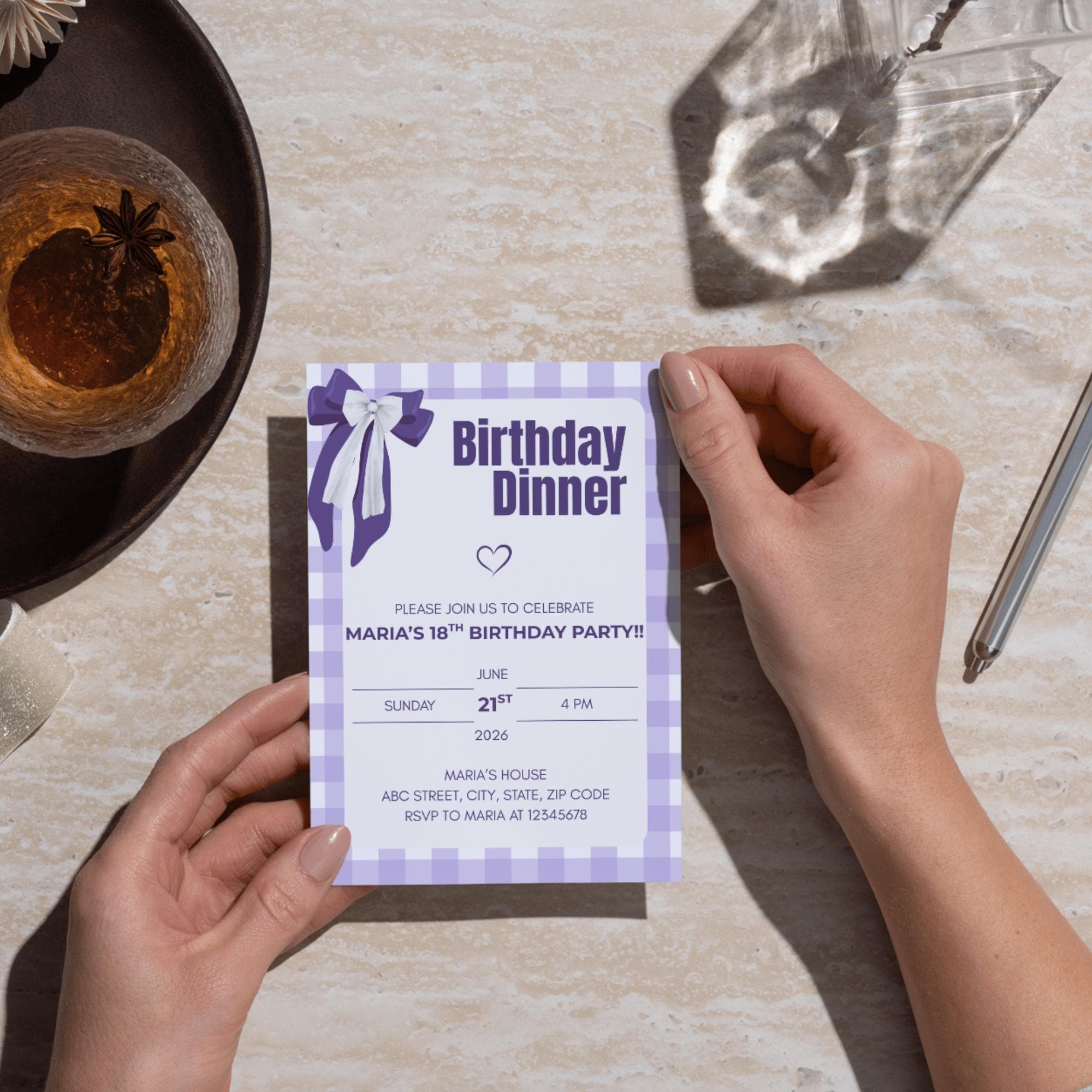 18th Birthday Invitation Card For Girls Purple Theme Birthday Dinner Invite Elegant Lavender Birthday Party Celebration Template - image 5