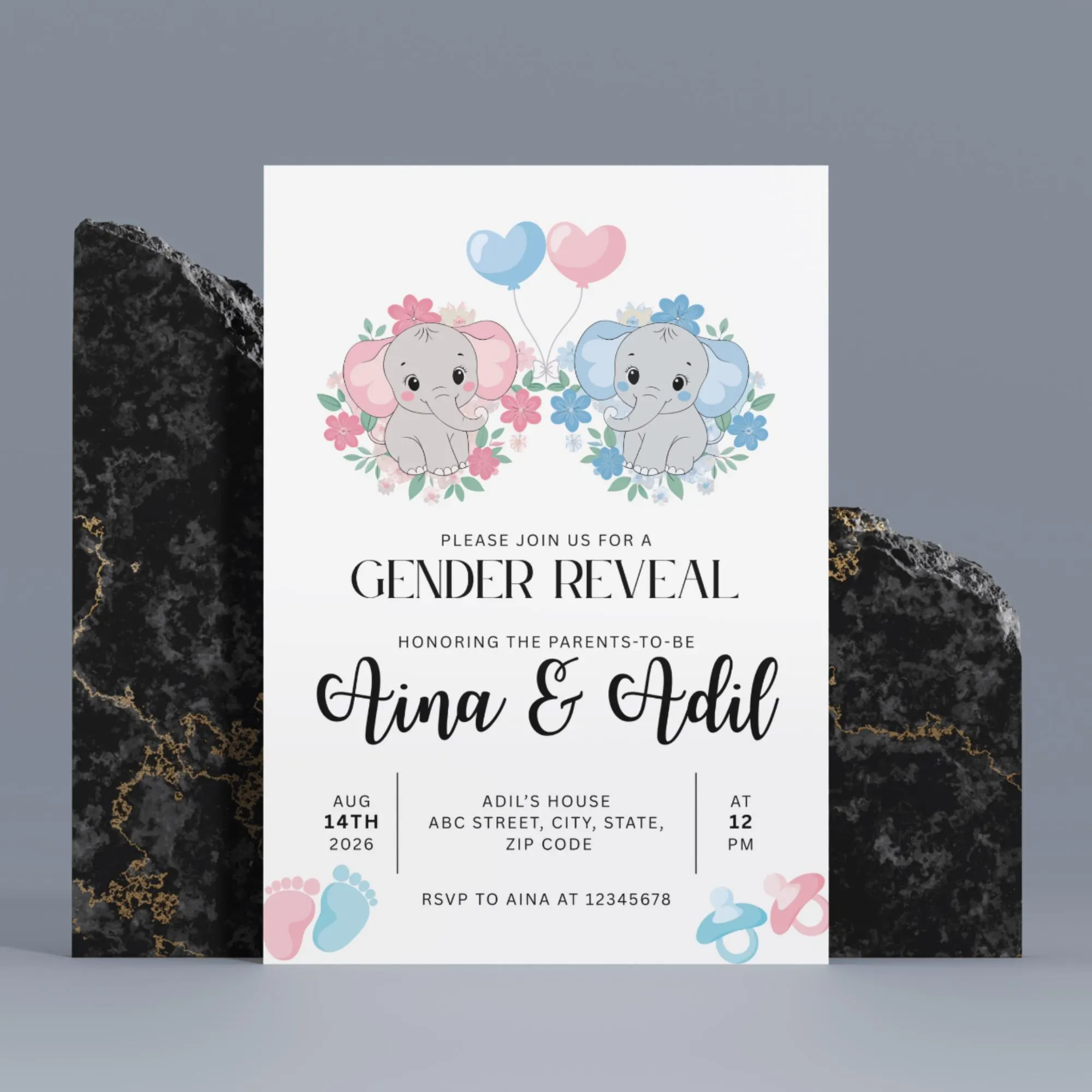 Editable Gender Reveal Invitation Elephant Baby Shower Neutral Cute Floral Template Boy Girl