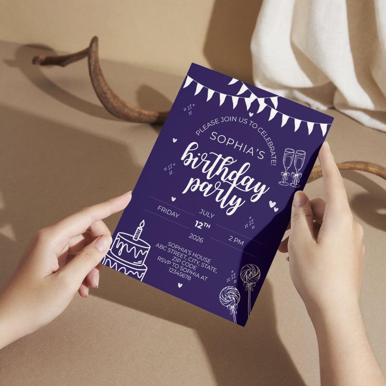Editable Birthday Party Invitation Card Blue Celebration Banner Cake Candles Teen Adult Canva Template - image 2