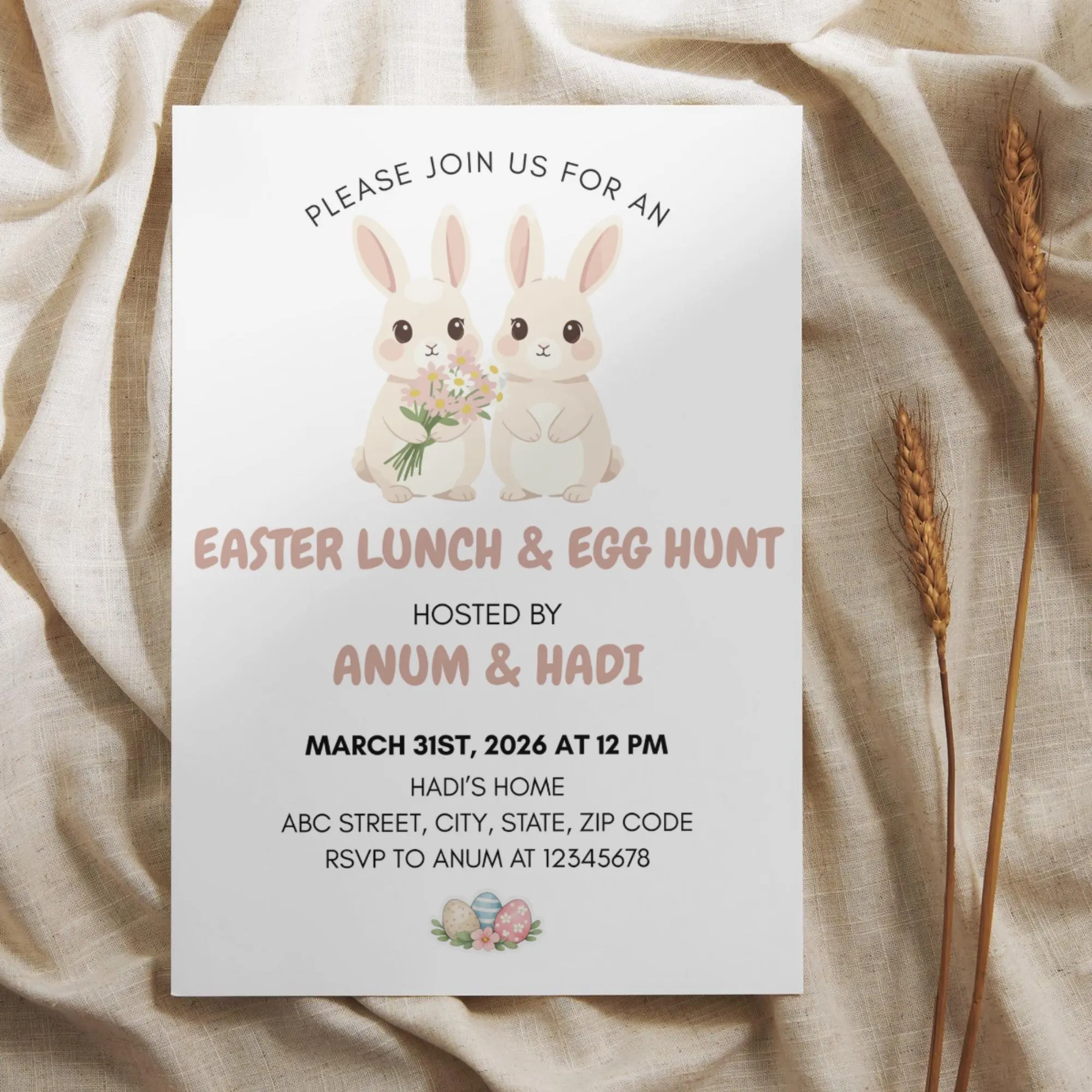 Editable Cute Bunny Easter Lunch Egg Hunt Invitation Spring Kids Party Brunch Canva Template Celebration Card