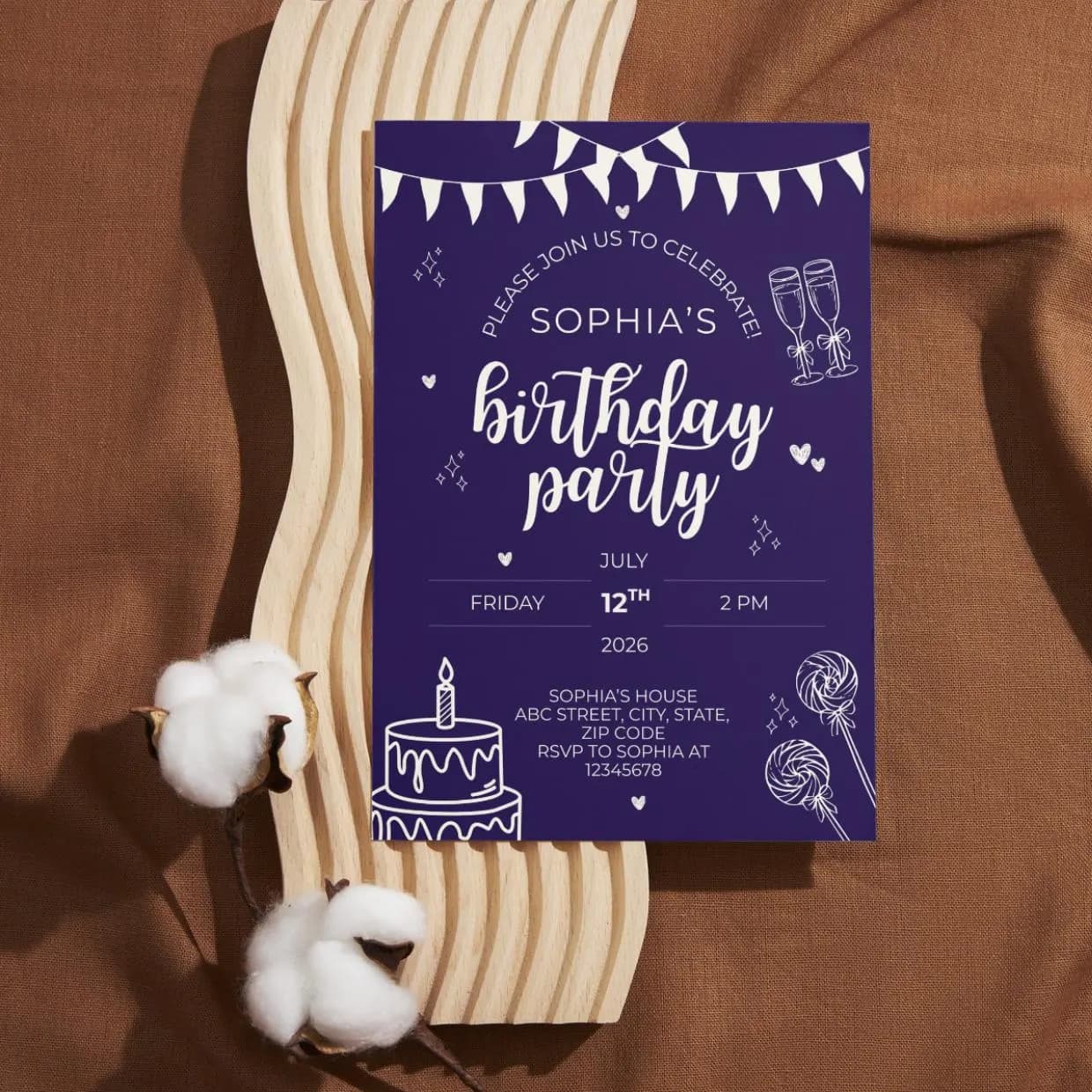Editable Birthday Party Invitation Card Blue Celebration Banner Cake Candles Teen Adult Canva Template