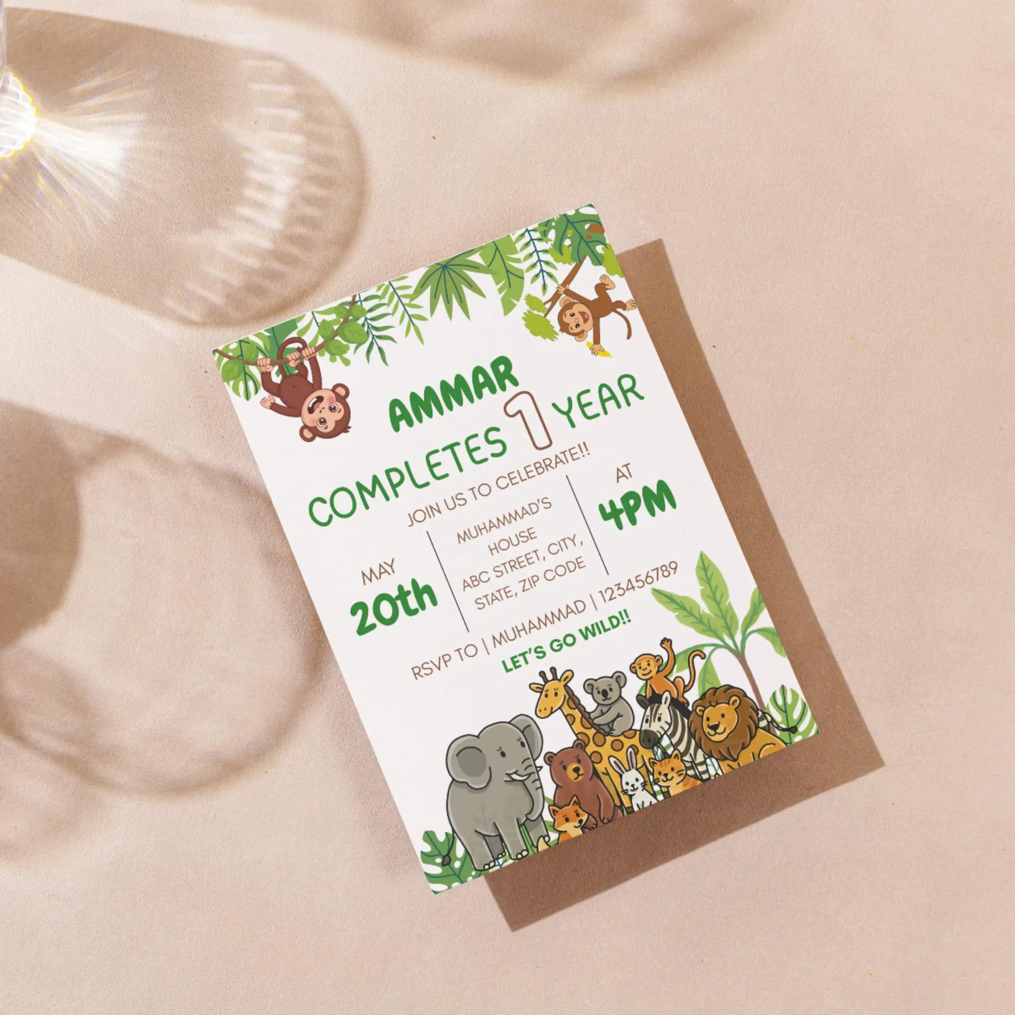 Animal Theme Kids Birthday Invitation Jungle Safari First Birthday Party Invite Wild One Zoo Animals Birthday Celebration Editable Template