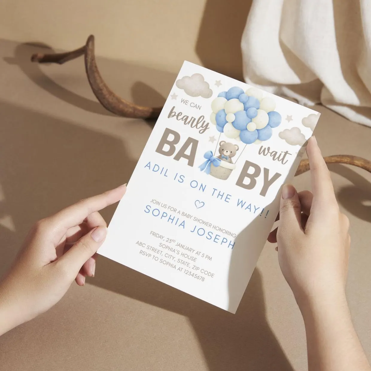 Teddy Bear Baby Shower Invitation, Blue Balloon Theme (Canva Template) - image 5