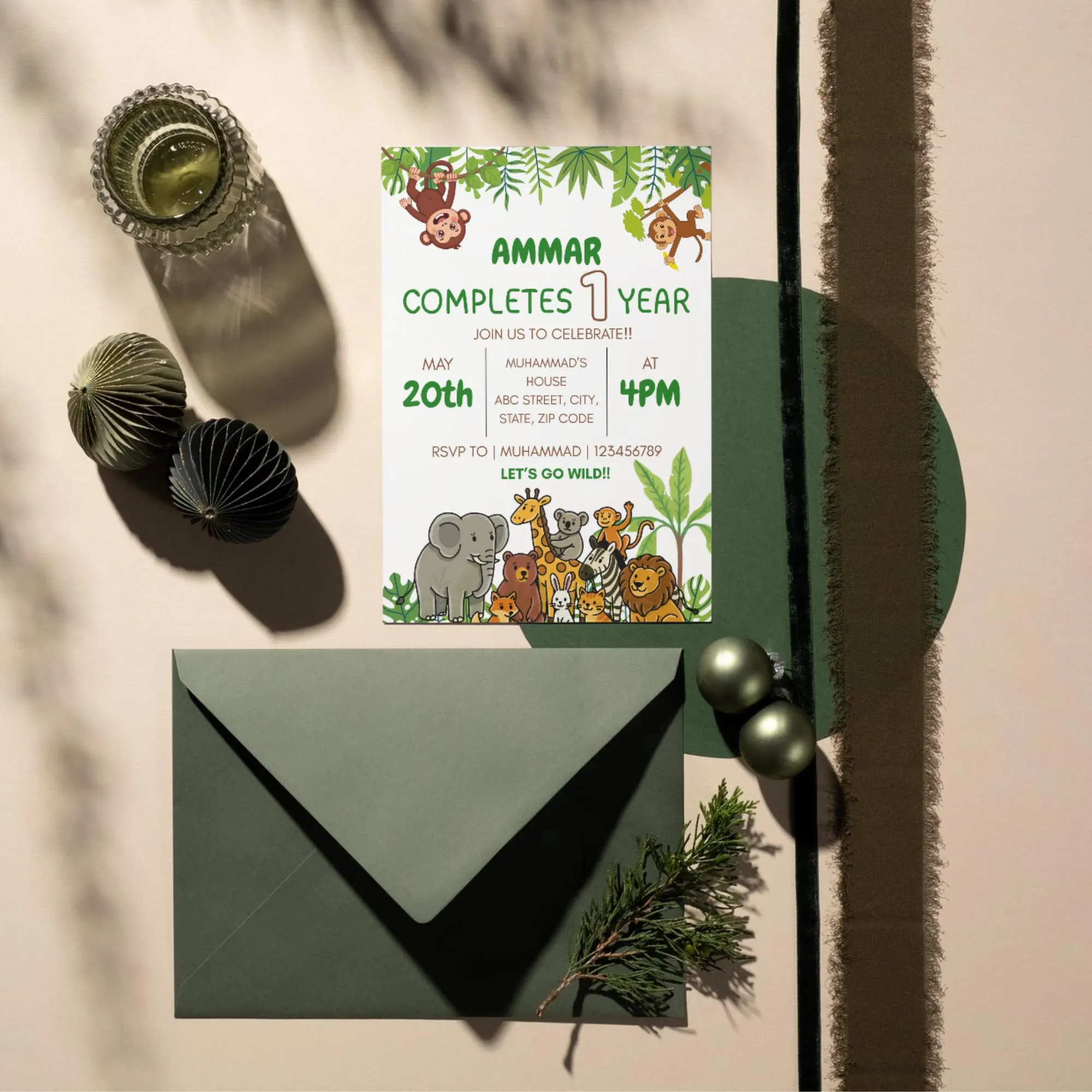 Animal Theme Kids Birthday Invitation Jungle Safari First Birthday Party Invite Wild One Zoo Animals Birthday Celebration Editable Template - image 5