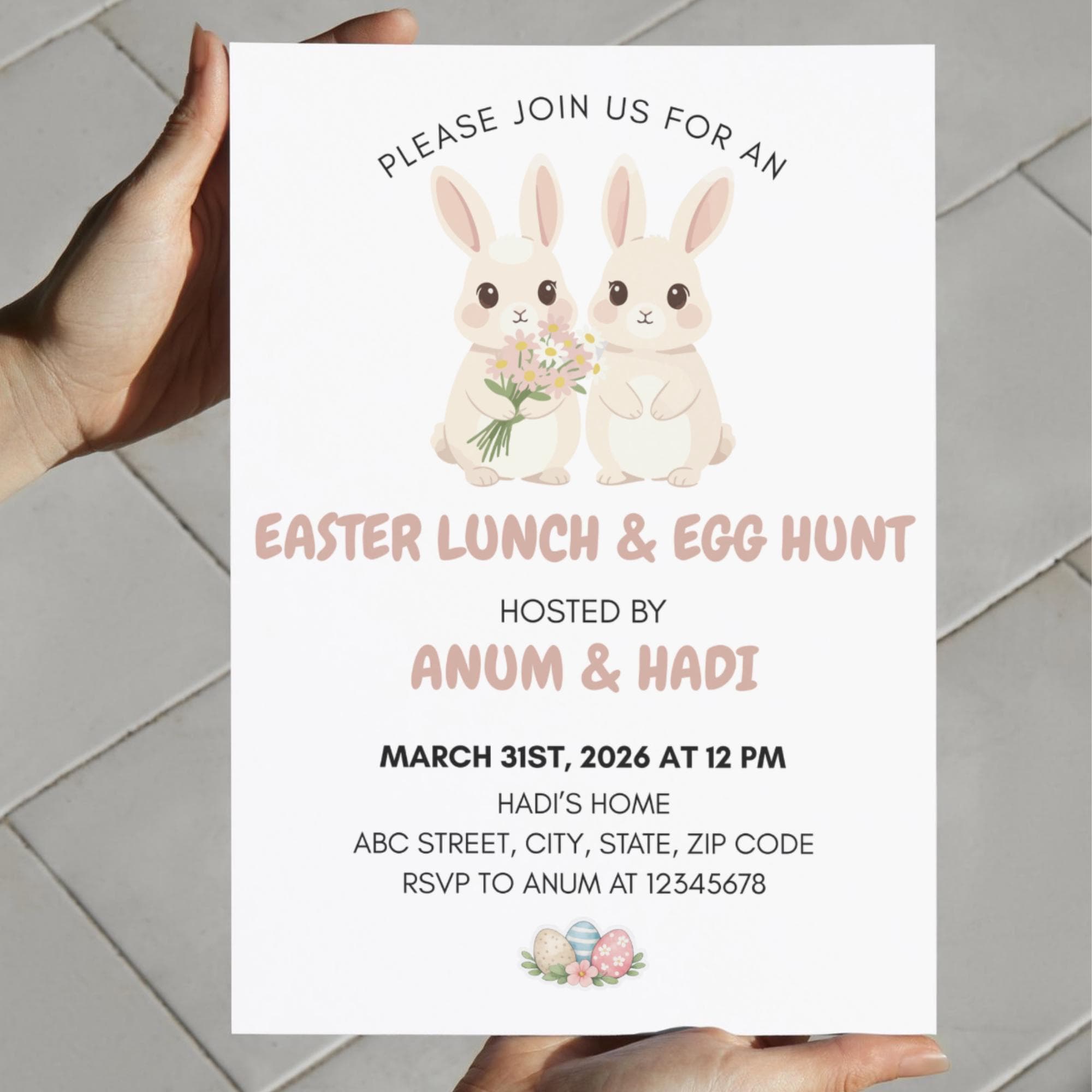 Editable Cute Bunny Easter Lunch Egg Hunt Invitation Spring Kids Party Brunch Canva Template Celebration Card - image 3