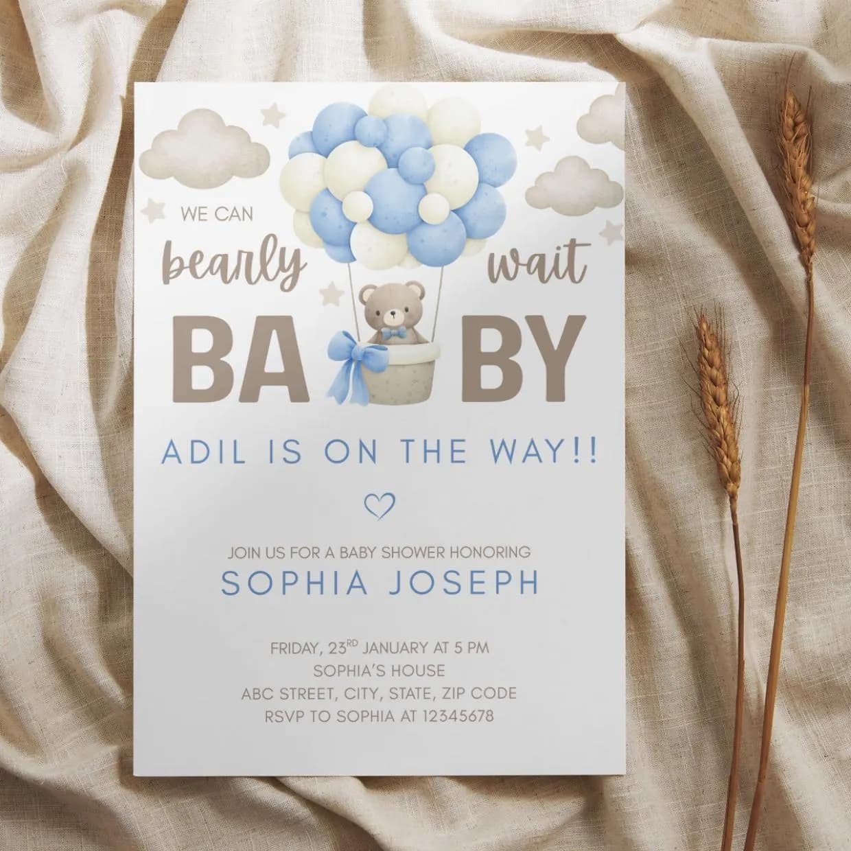 Teddy Bear Baby Shower Invitation, Blue Balloon Theme (Canva Template) - image 2