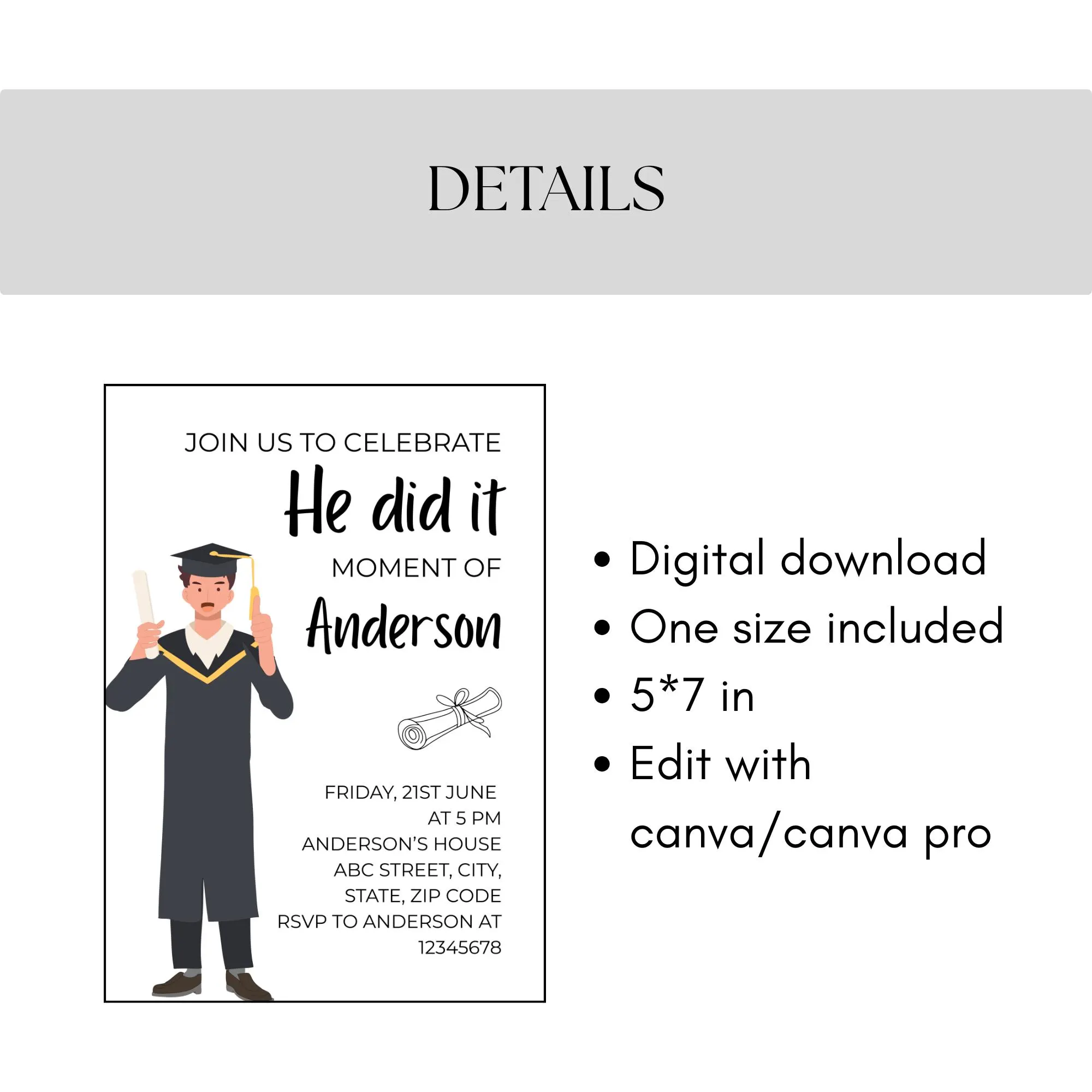 He Did It Moment Graduation Invitation Editable Graduate Party Invite Celebration Announcement College Senior Men Template Canva - image 4