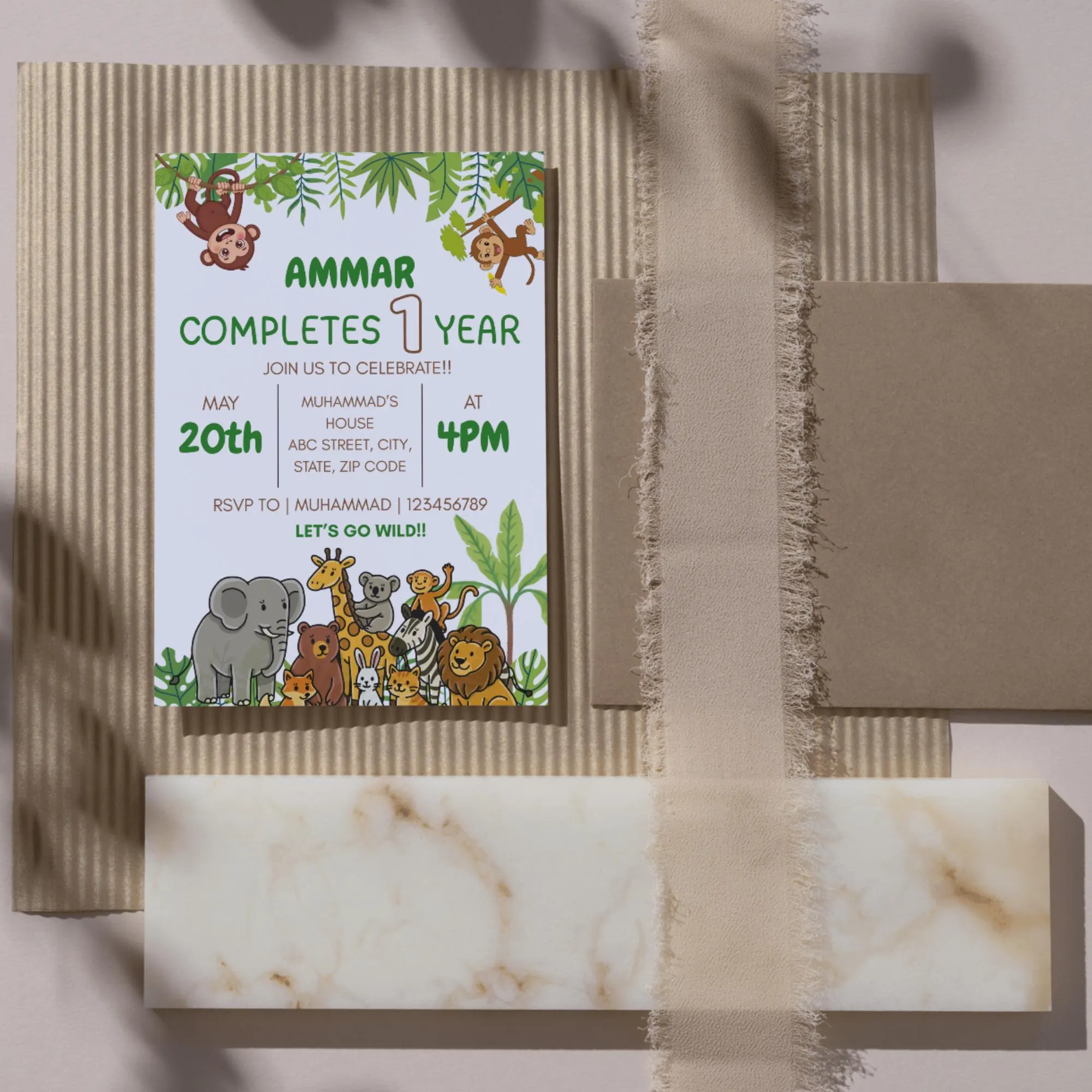 Animal Theme Kids Birthday Invitation Jungle Safari First Birthday Party Invite Wild One Zoo Animals Birthday Celebration Editable Template - image 4