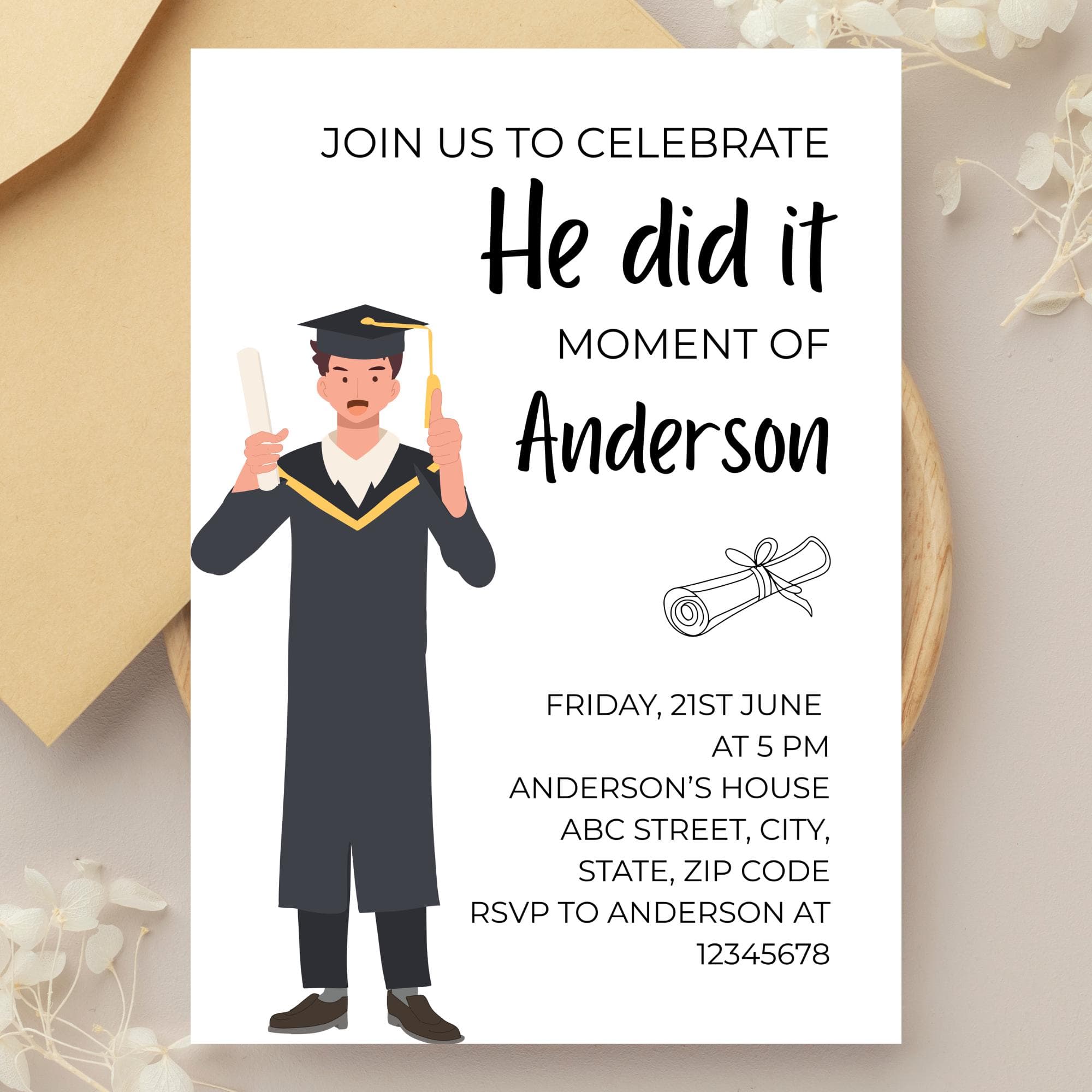 He Did It Moment Graduation Invitation Editable Graduate Party Invite Celebration Announcement College Senior Men Template Canva