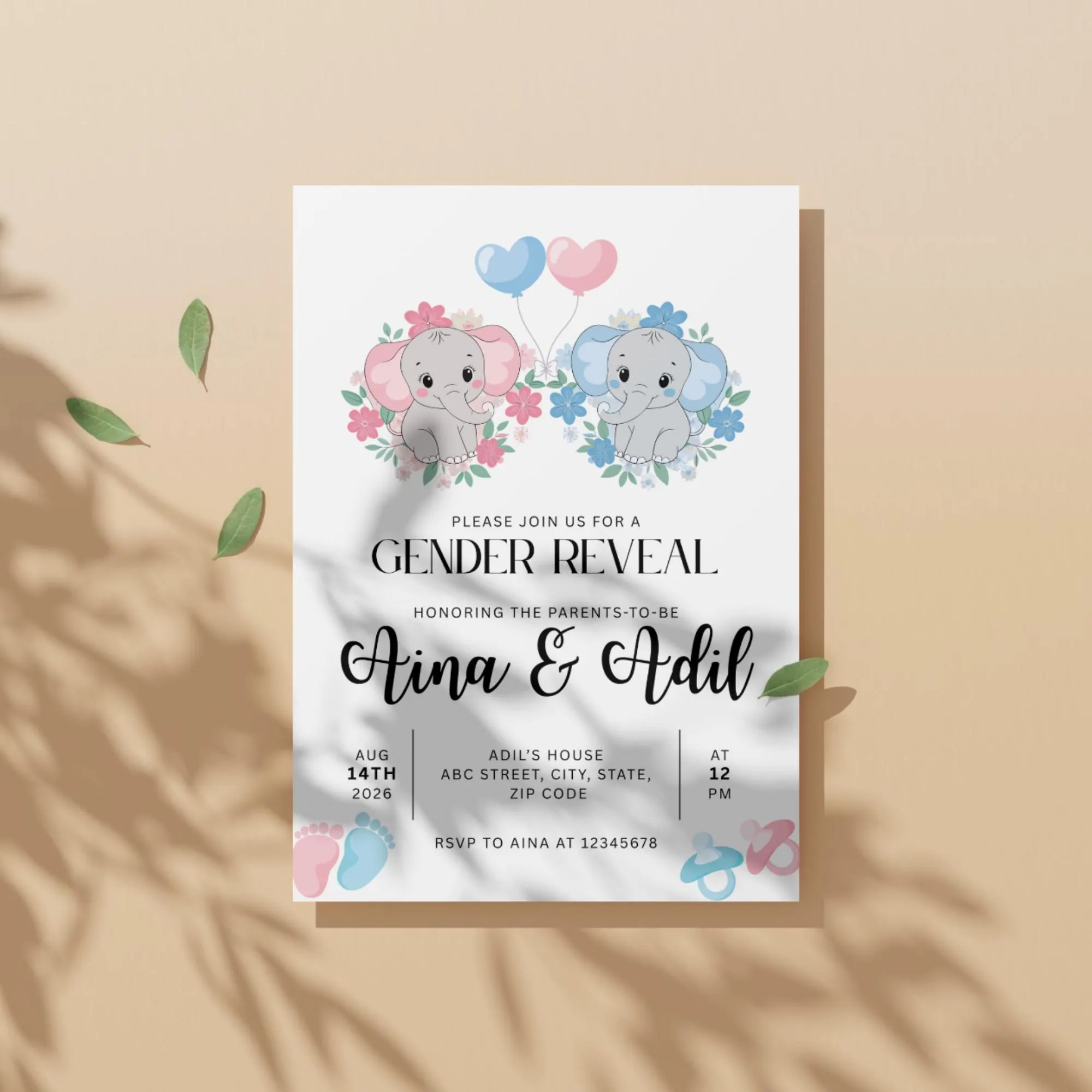 Editable Gender Reveal Invitation Elephant Baby Shower Neutral Cute Floral Template Boy Girl - image 3