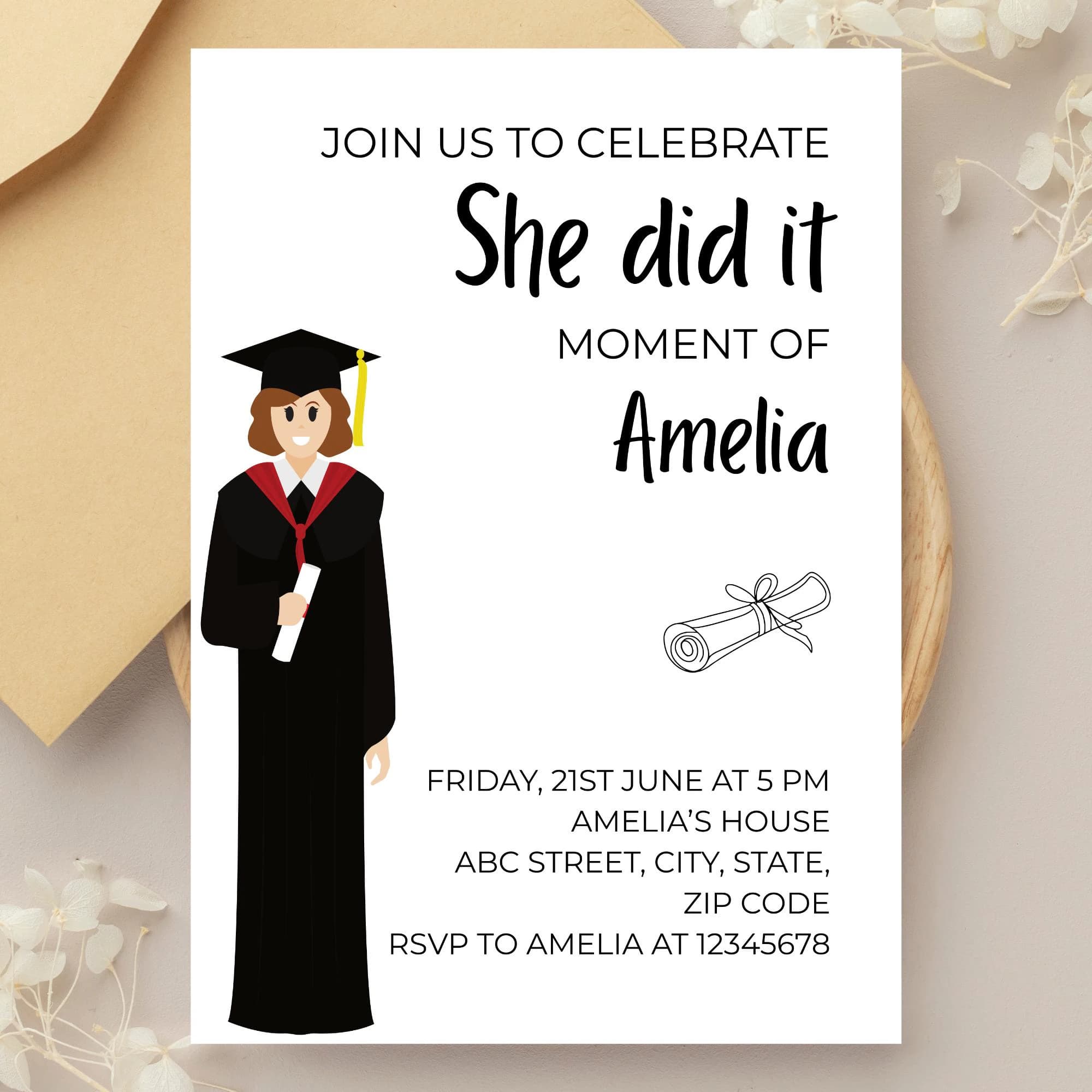 She Did It Moment Graduation Invitation Editable Graduate Party Invite Celebration Announcement College Senior Women Template Canva