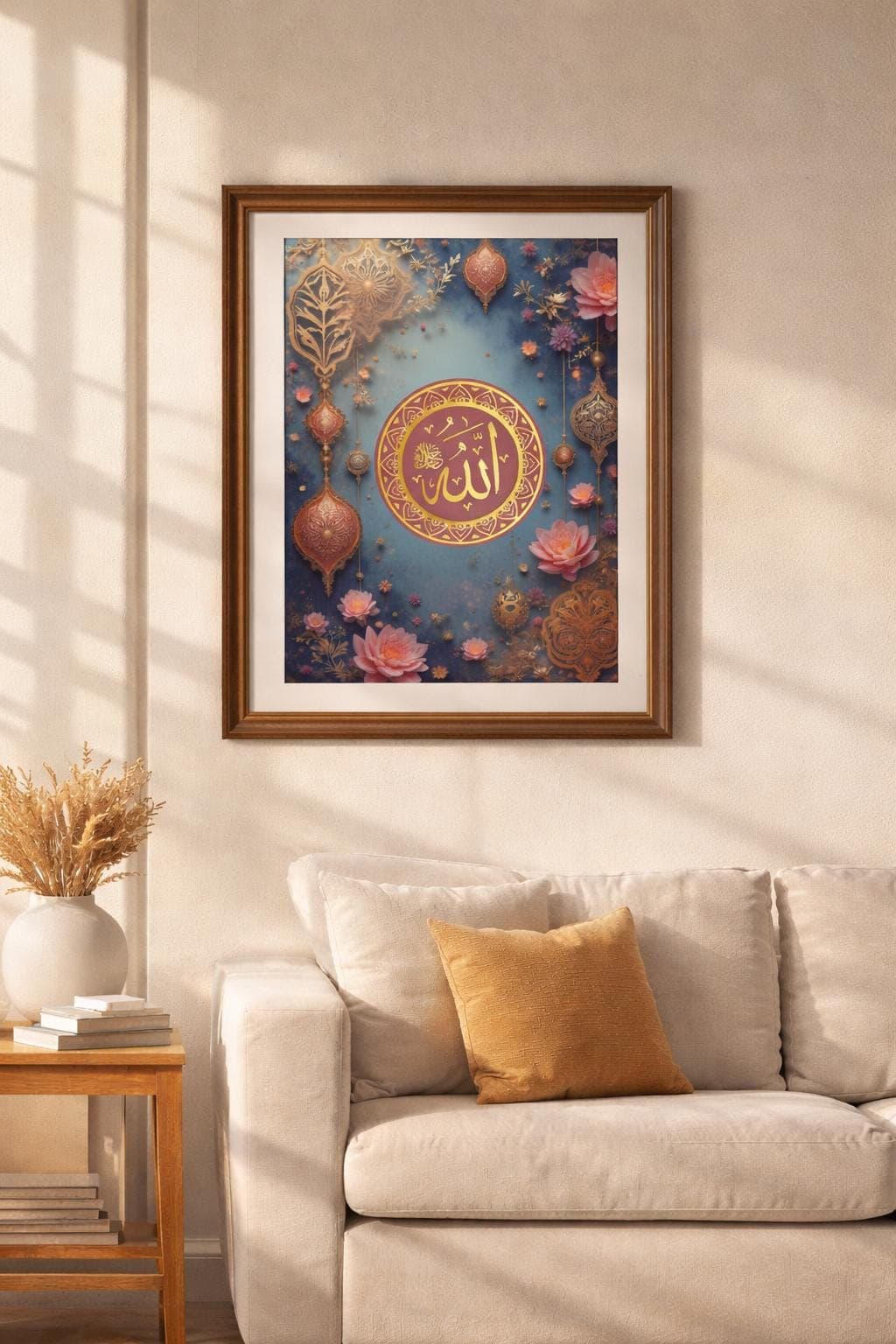 Allah Name Islamic Wall Art A4 Printable, Floral Gold Calligraphy, Muslim Home Decor