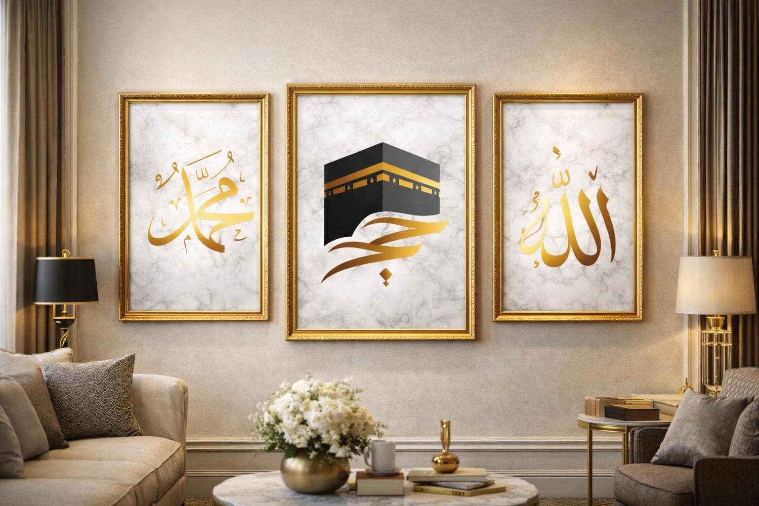 Allah Muhammad Kaaba Islamic Wall Art Set, Gold Calligraphy Printable Decor - image 3