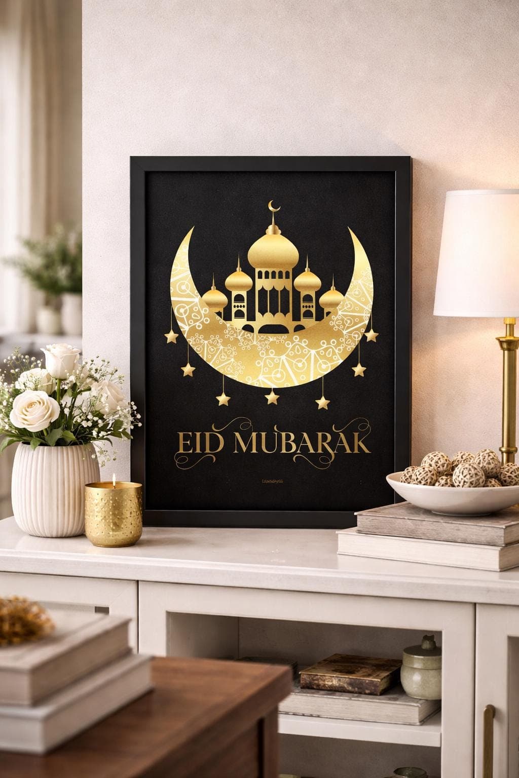 Eid Mubarak Printable Wall Art, Black Gold Islamic Decor, Mosque Crescent A4 Poster - image 4