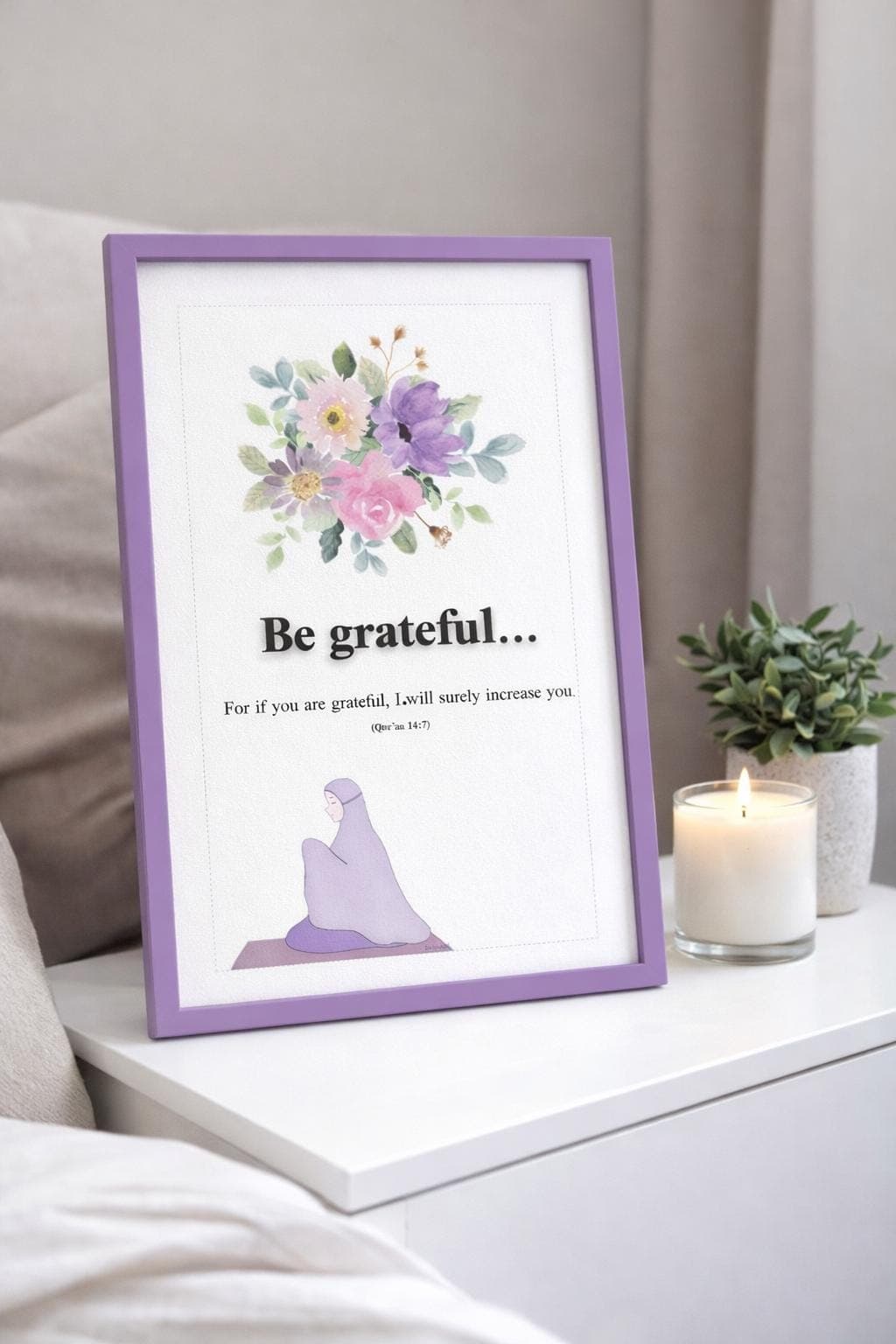 Be Grateful Islamic Wall Art Printable, Quran 14:7 Quote, Floral Muslim Home Decor, A4 Digital Download - image 3