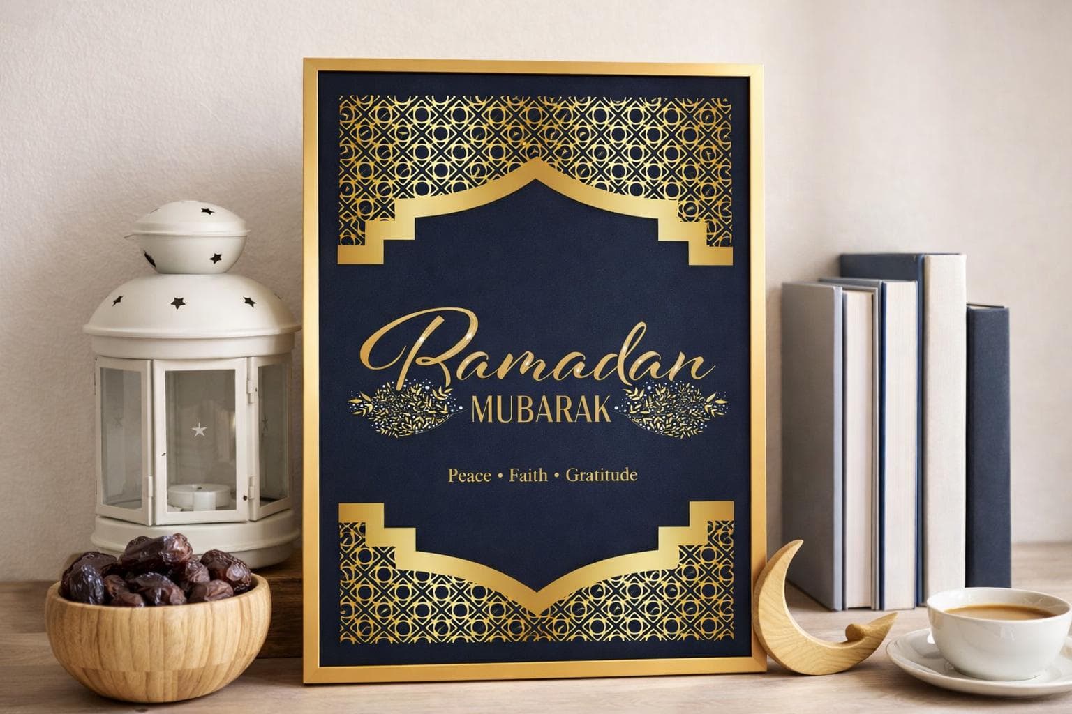 Ramadan Mubarak Wall Art, Gold Navy Islamic Decor, Printable A4 Poster - image 3