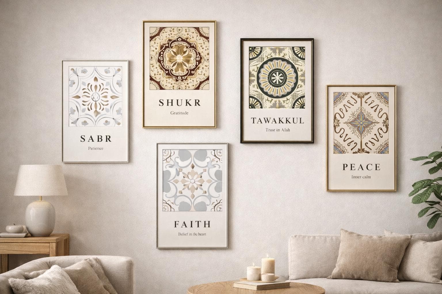 Islamic Wall Art Set of 5, Sabr Shukr Tawakkul Peace Faith Prints - image 3