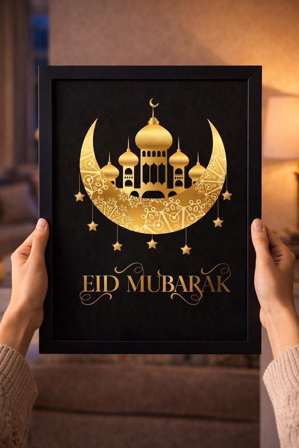 Eid Mubarak Printable Wall Art, Black Gold Islamic Decor, Mosque Crescent A4 Poster - image 3