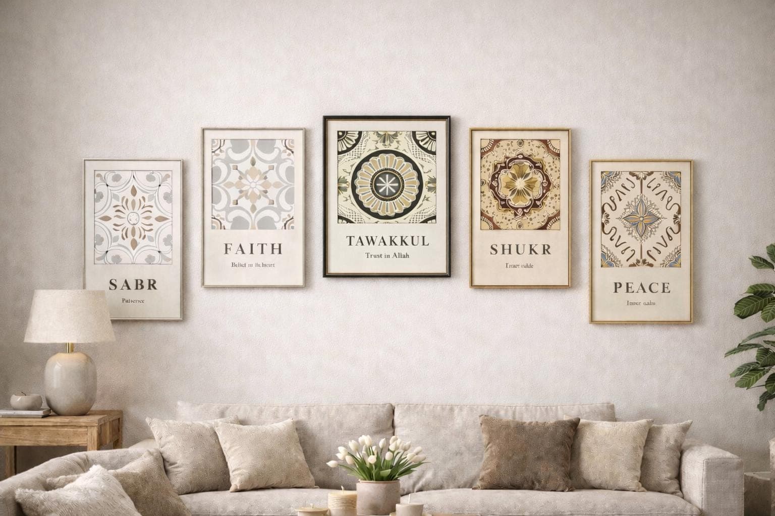 Islamic Wall Art Set of 5, Sabr Shukr Tawakkul Peace Faith Prints - image 4