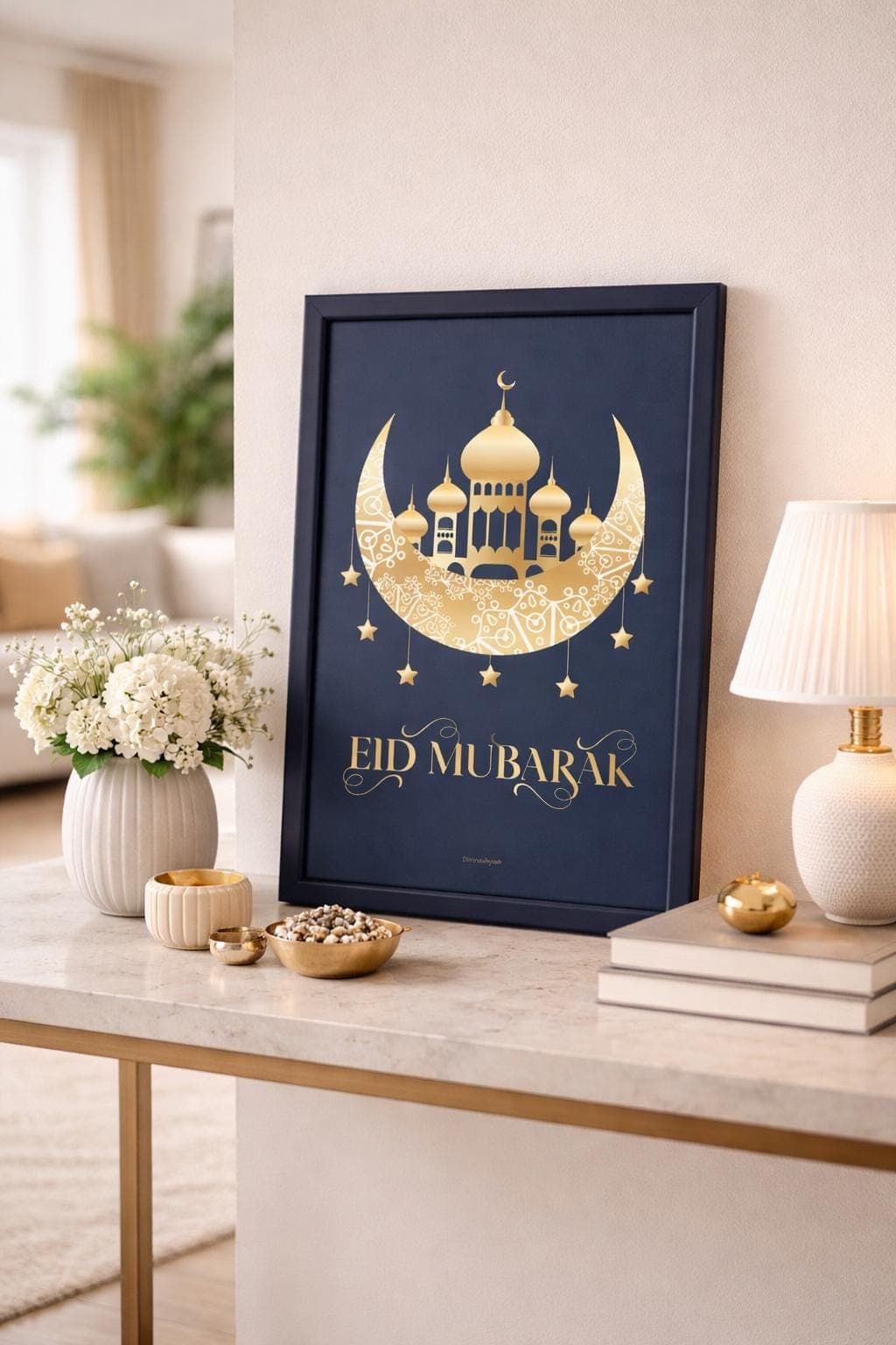 Eid Mubarak Printable Wall Art, Navy Blue Islamic Decor, Gold Mosque A4 Poster