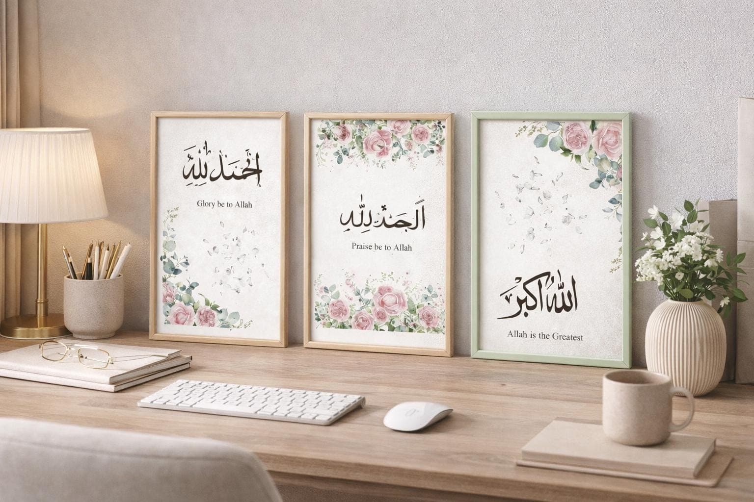 Set of 3 Floral Islamic Wall Art Prints, SubhanAllah Alhamdulillah Allahu Akbar