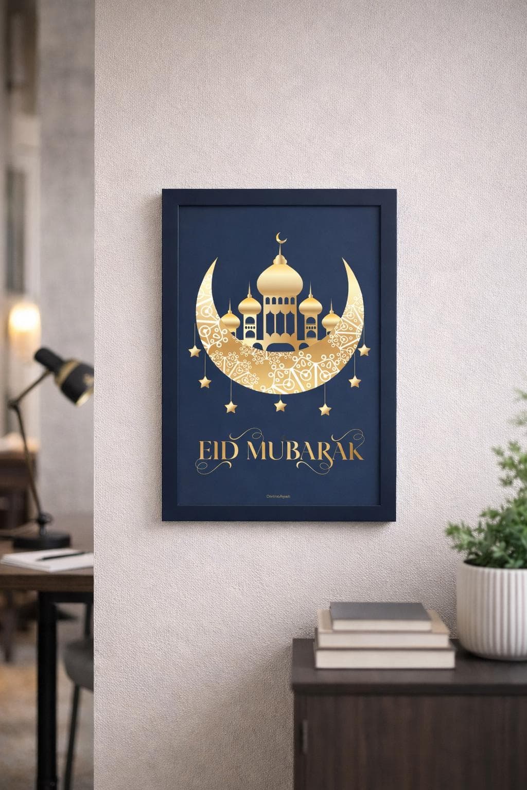 Eid Mubarak Printable Wall Art, Navy Blue Islamic Decor, Gold Mosque A4 Poster - image 3