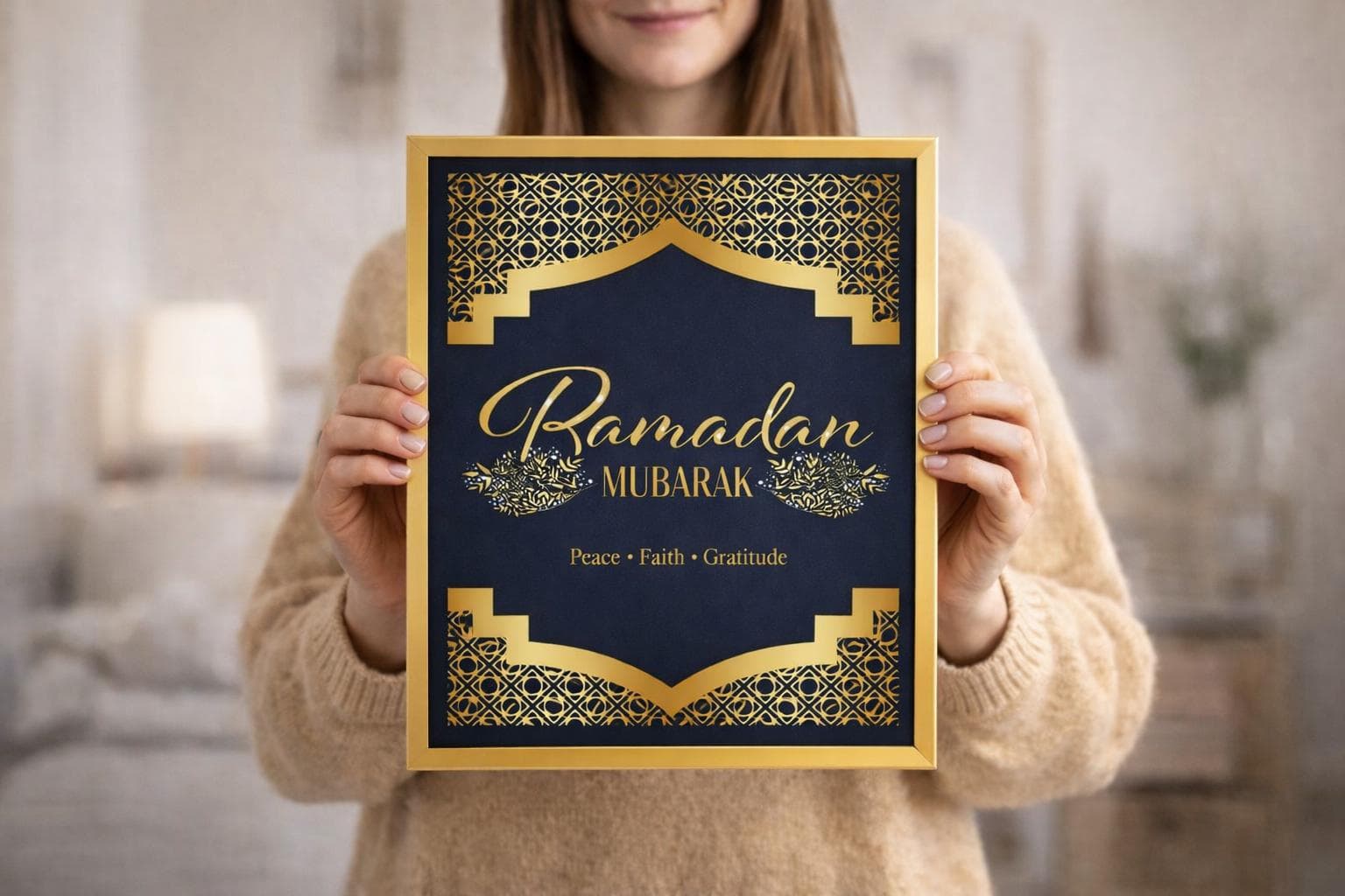 Ramadan Mubarak Wall Art, Gold Navy Islamic Decor, Printable A4 Poster