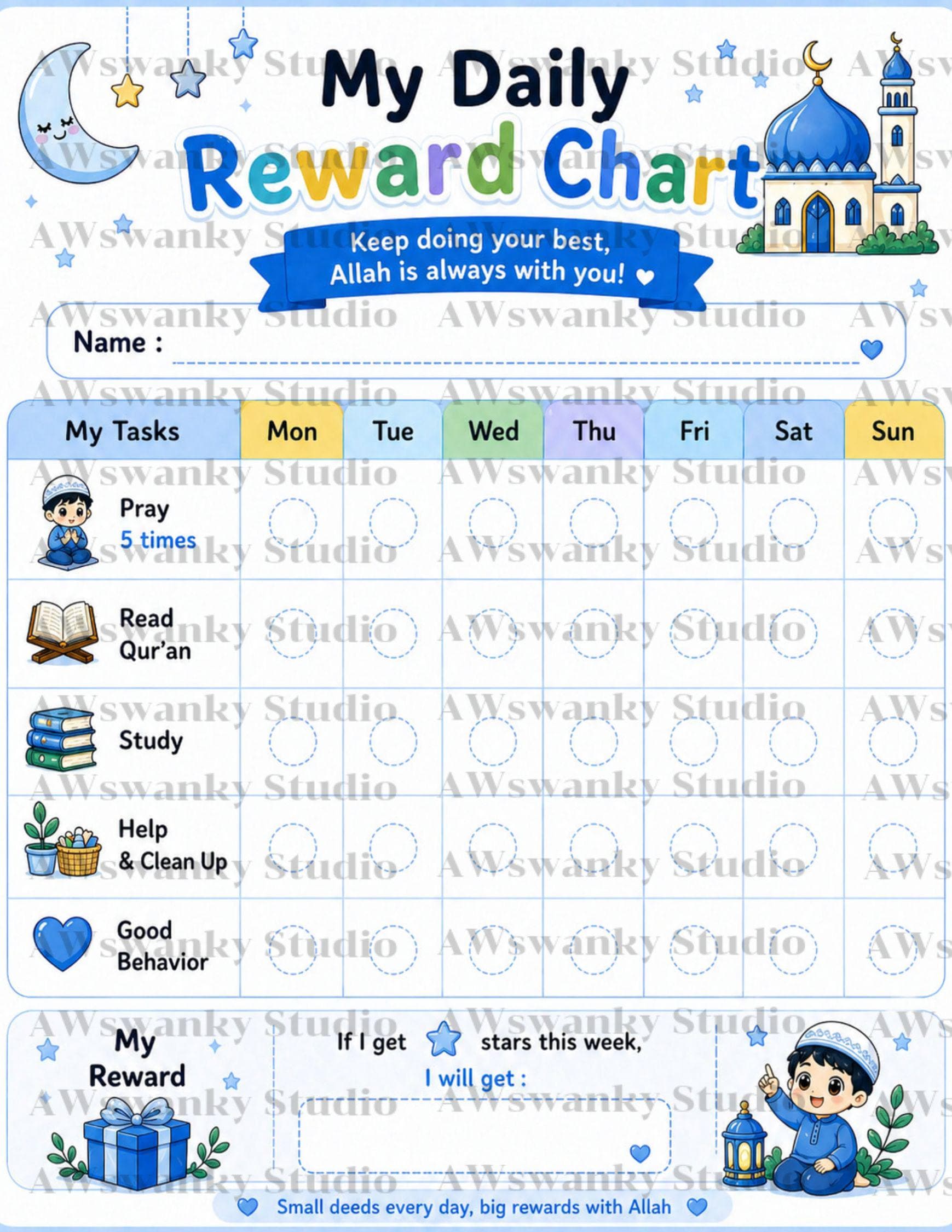 Islamic Boys Reward Chart Printable, Muslim Kids Daily & Weekly Routine Chart, Star Sticker Chore Chart, Good Habits Planner PDF - image 2