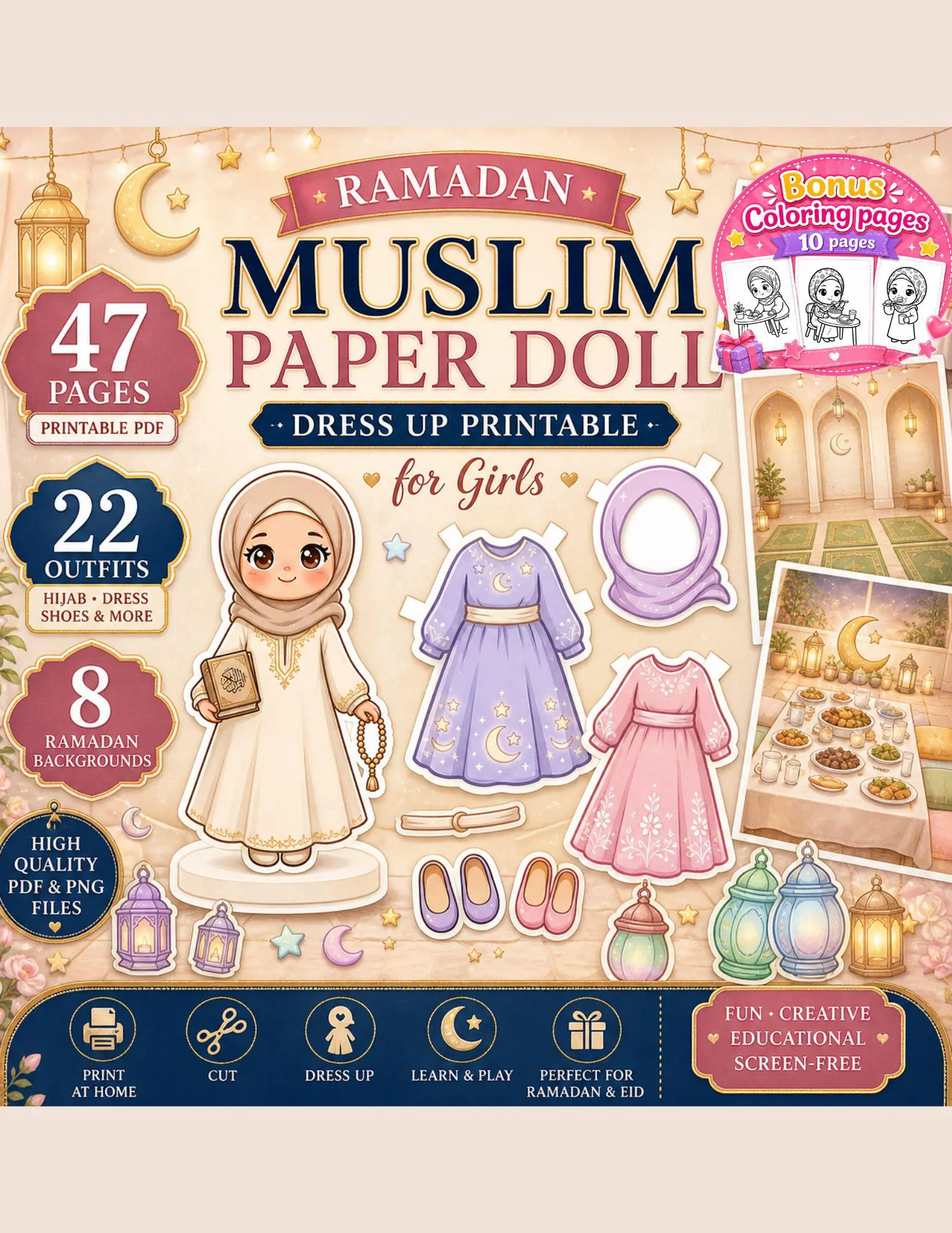 Ramadan Paper Doll | Muslim Dress Up Doll Printable | Hijab Doll for Girls | Islamic Activity PDF | Busy Book 47 Pages