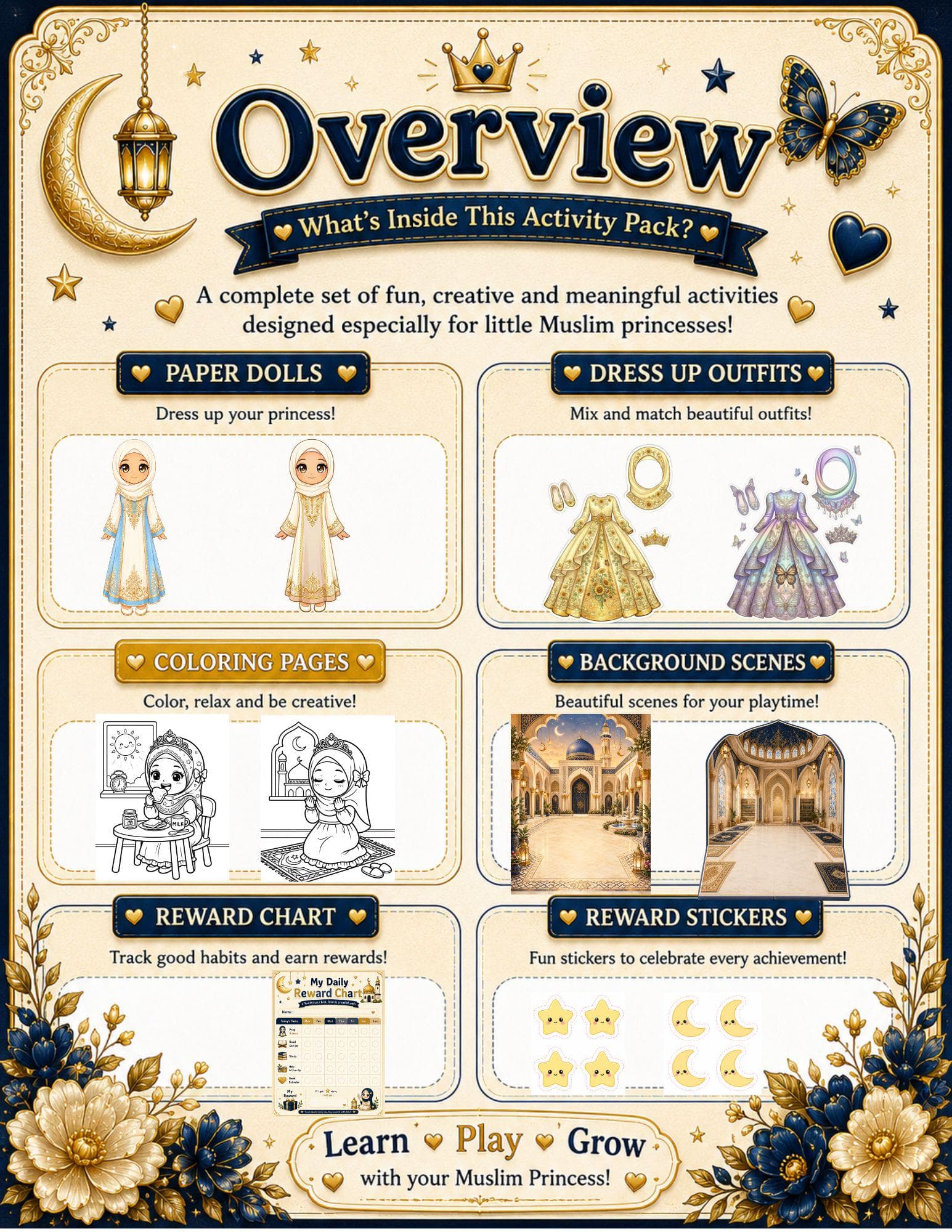 Muslim Princess Activity Book Printable, Paper Dolls, Dress Up, Coloring, 70+ Pages, Digital PDF - image 3