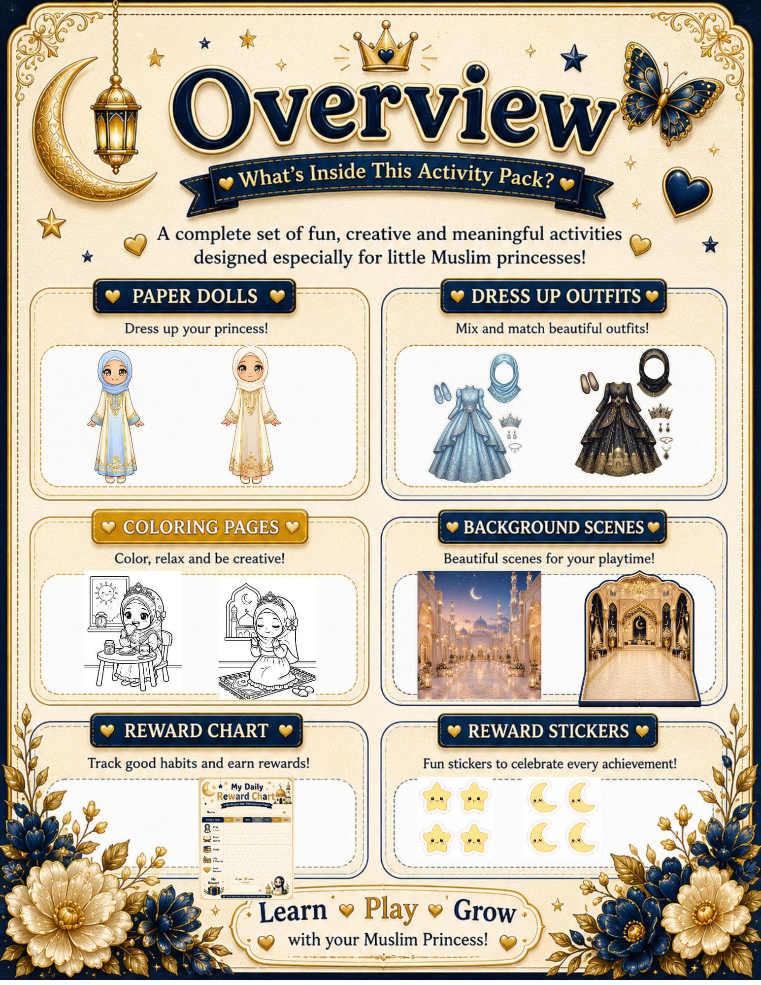 Muslim Princess Paper Doll Printable, Hijab Dress Up Activity, 25 Outfits, Digital PDF - image 2