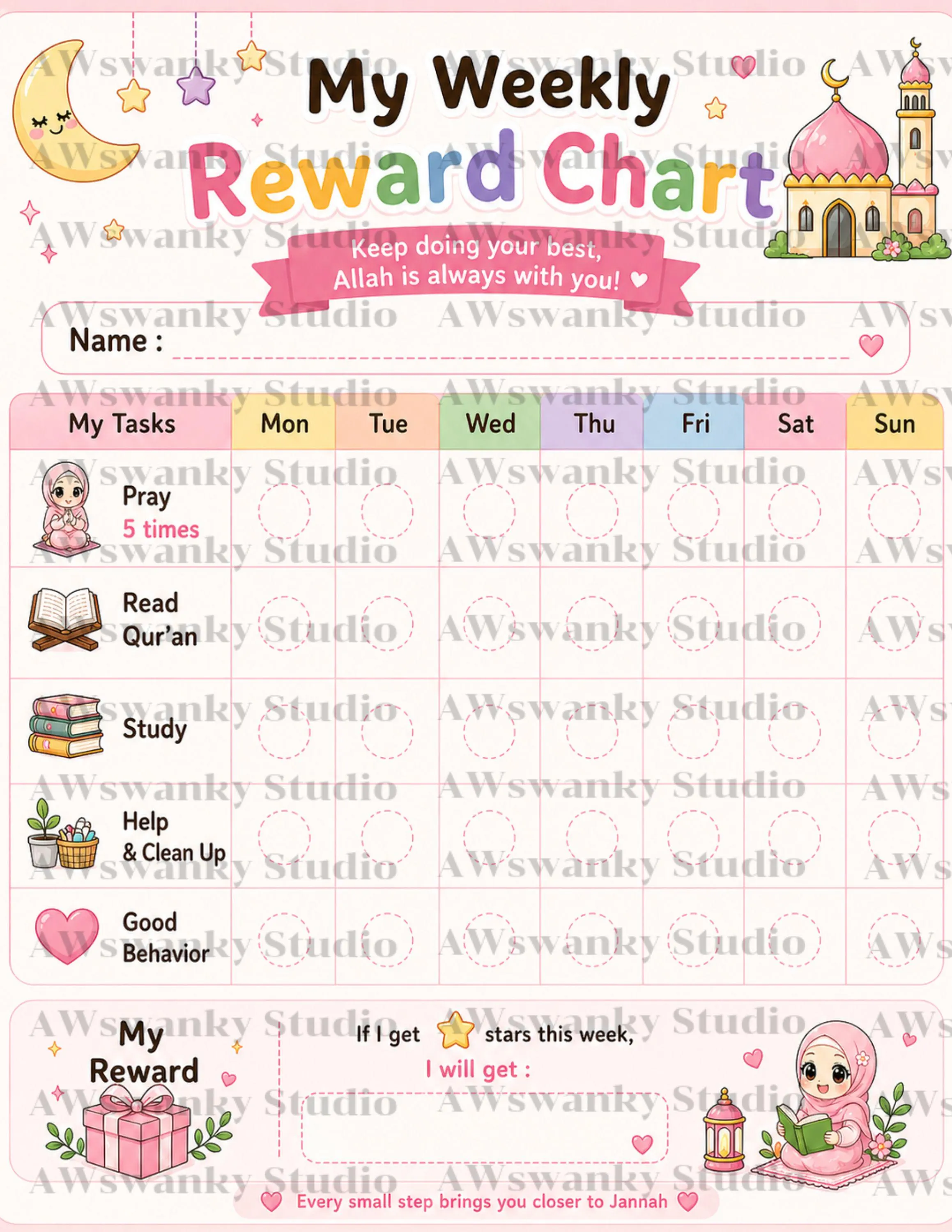 Islamic Girls Reward Chart Printable, Muslim Kids Daily & Weekly Routine, Hijab Girl Chore Chart, Star Sticker Planner PDF - image 2