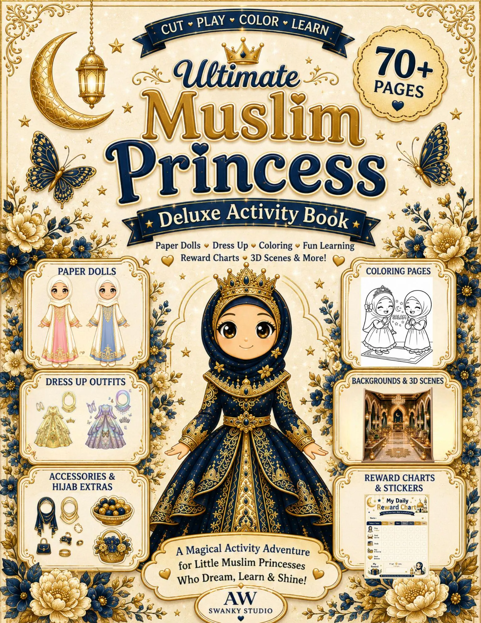 Muslim Princess Activity Book Printable, Paper Dolls, Dress Up, Coloring, 70+ Pages, Digital PDF