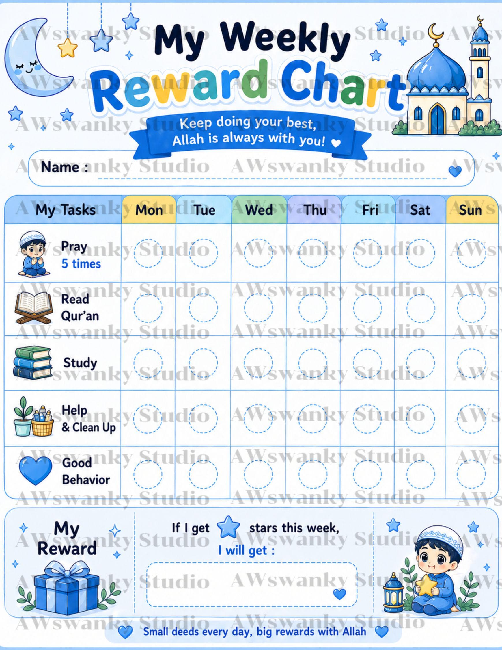 Islamic Boys Reward Chart Printable, Muslim Kids Daily & Weekly Routine Chart, Star Sticker Chore Chart, Good Habits Planner PDF