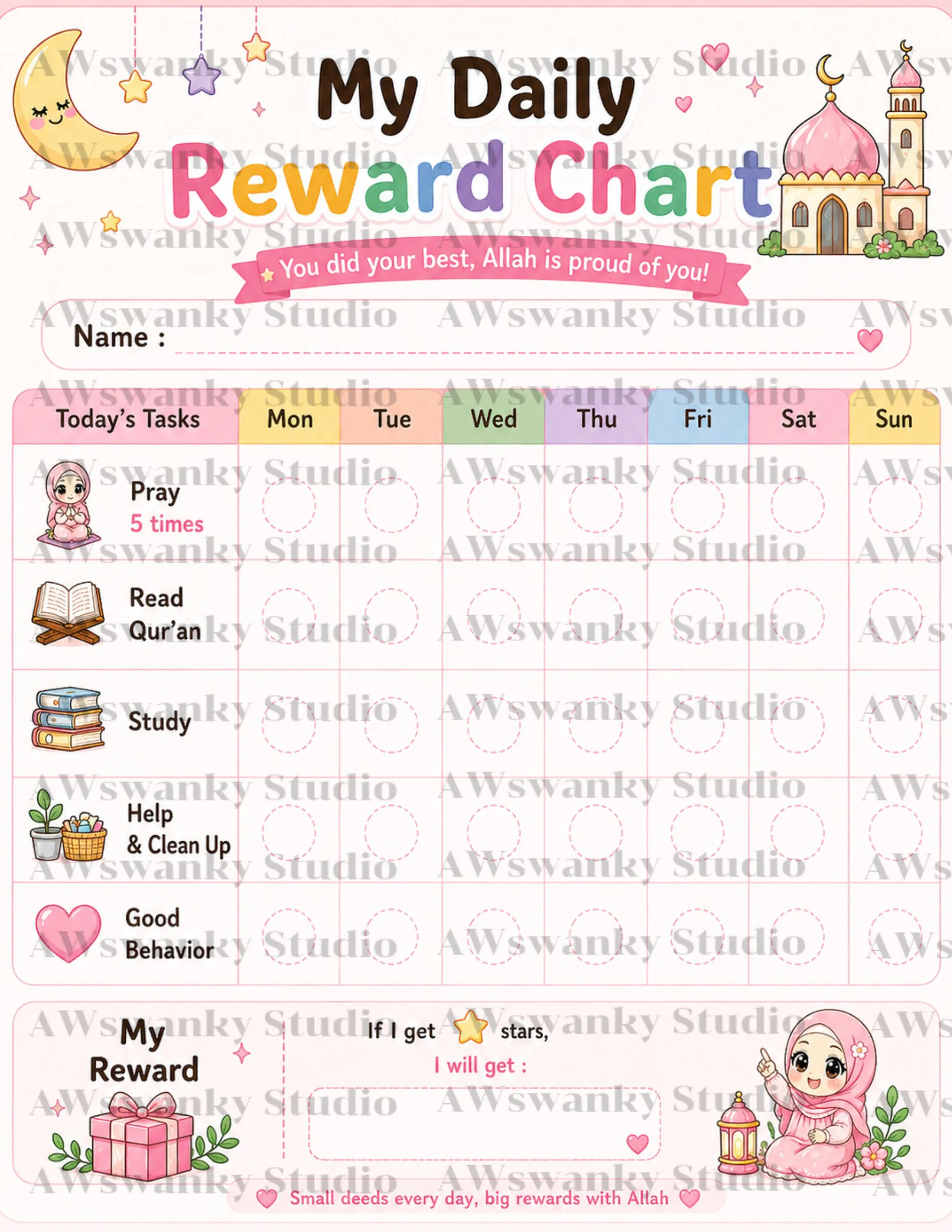 Islamic Girls Reward Chart Printable, Muslim Kids Daily & Weekly Routine, Hijab Girl Chore Chart, Star Sticker Planner PDF