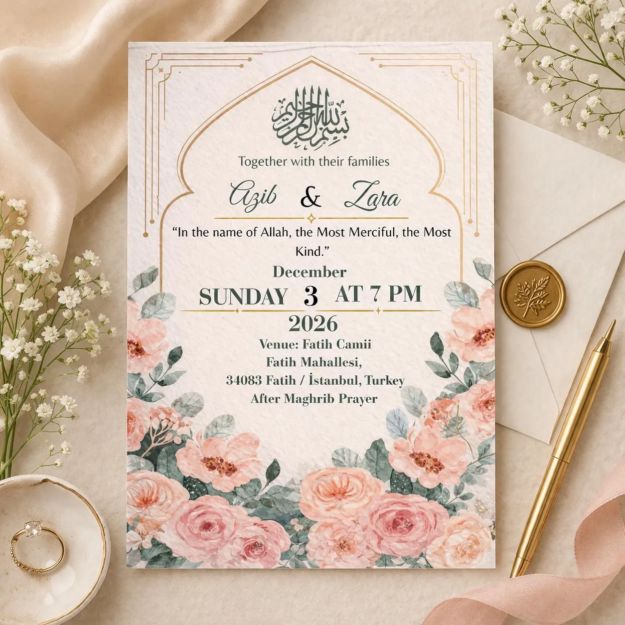 Floral Islamic Nikah Invitation Template, Bismillah Wedding Card, Editable Canva Muslim Invite (Instant Download) - image 3