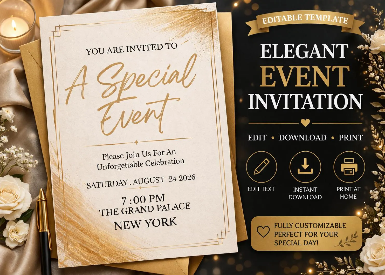 Elegant Gold Event Invitation Template, Birthday Anniversary Party Invite (Digital Download) - image 2