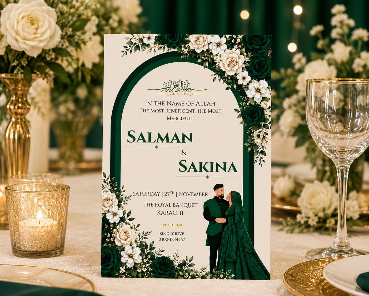 Islamic Wedding Invitation, Emerald Green Floral Nikkah Card, Muslim Couple (Digital Download) - image 5