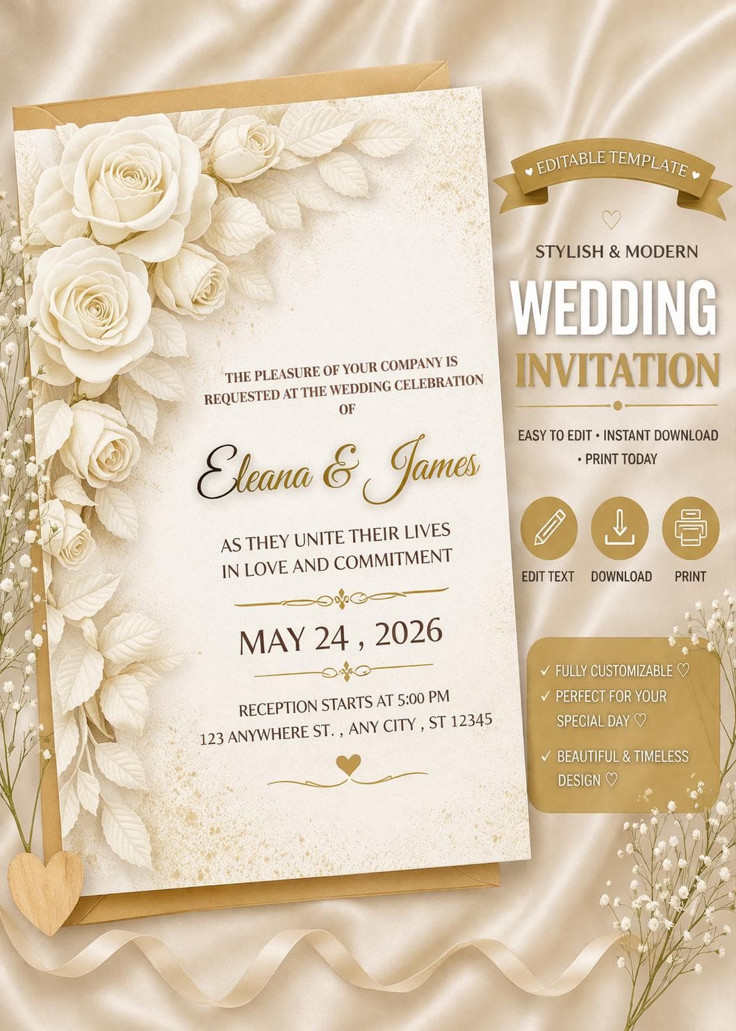 White Rose Wedding Invitation Template, Elegant Floral Invite (Digital Download)